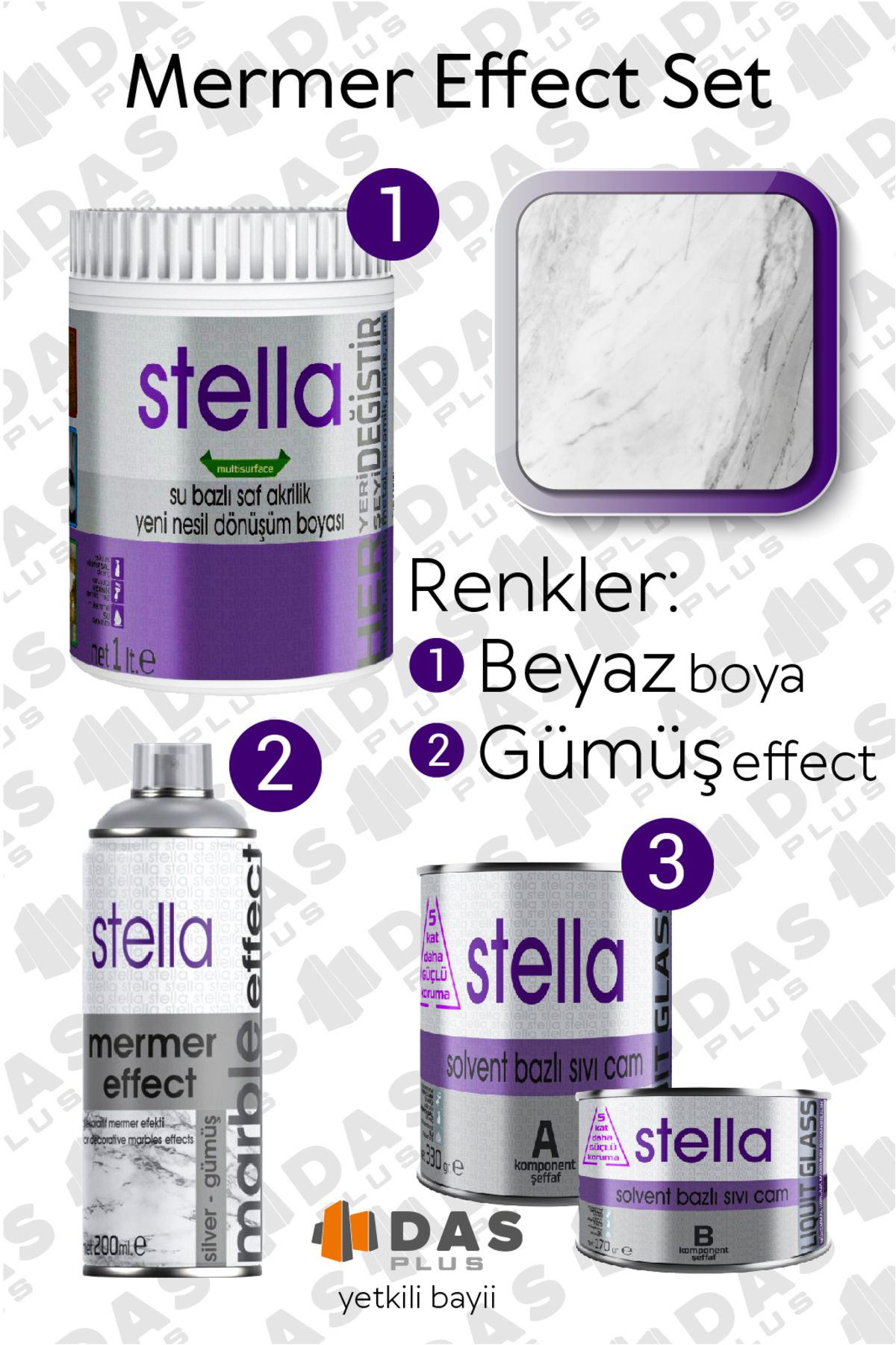 Stella Dasplus- 1000ml Set Beyaz Boya Gümüş Mermer Efekt Solvent Bazlı Sıvı Cam Parlak.