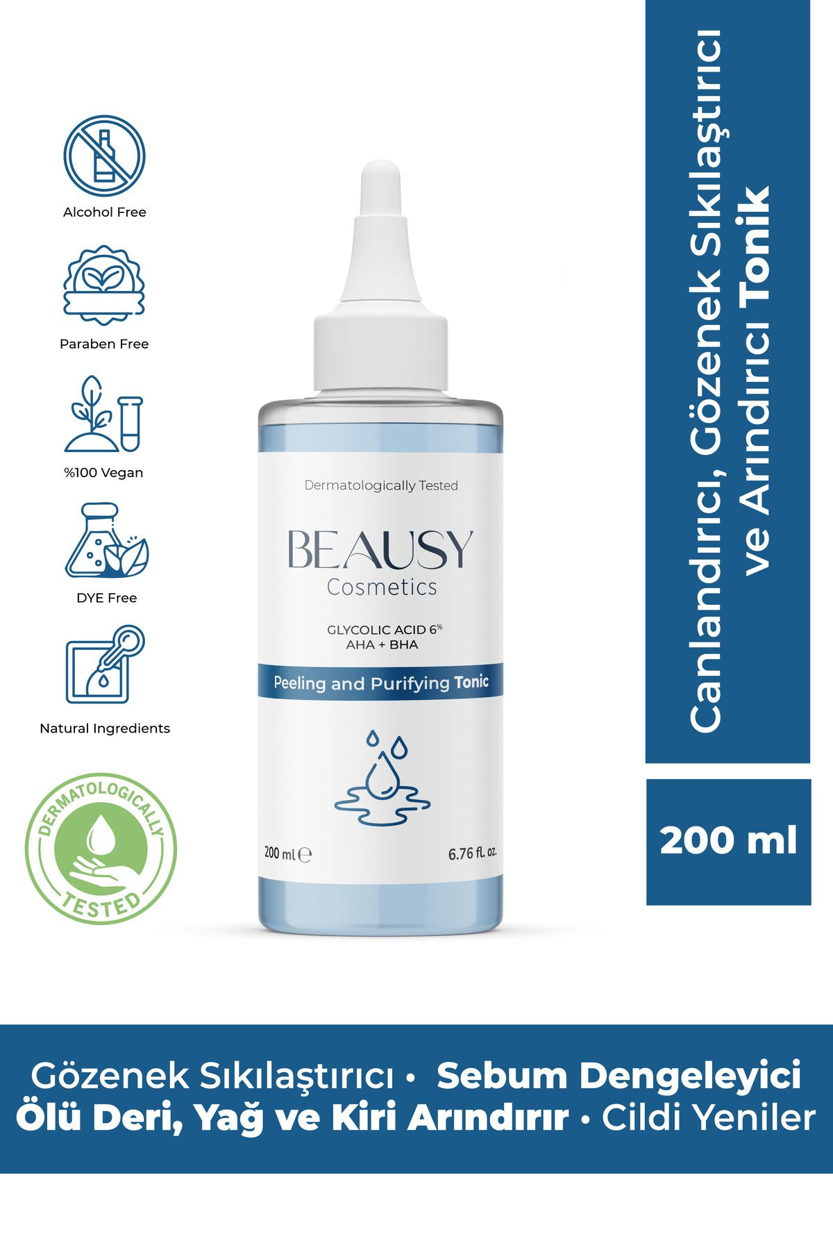 Beausy Cosmetics Canlandırıcı, Gözenek Sıkılaştırıcı ve Arındırıcı Tonik 200ml (Glycolic Acid 6%, AHA + BHA)