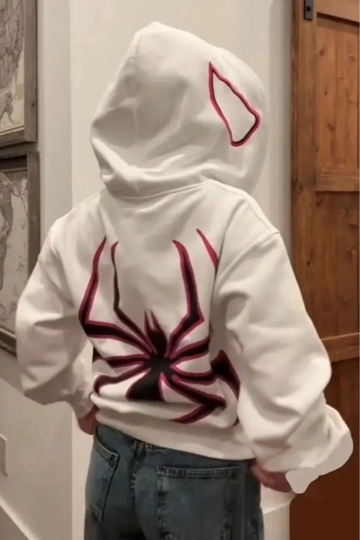 Gofeel Y2k Tech Beyaz Kapüşonlu Sırt Baskılı Spider-man Oversize Hırka Gofeel