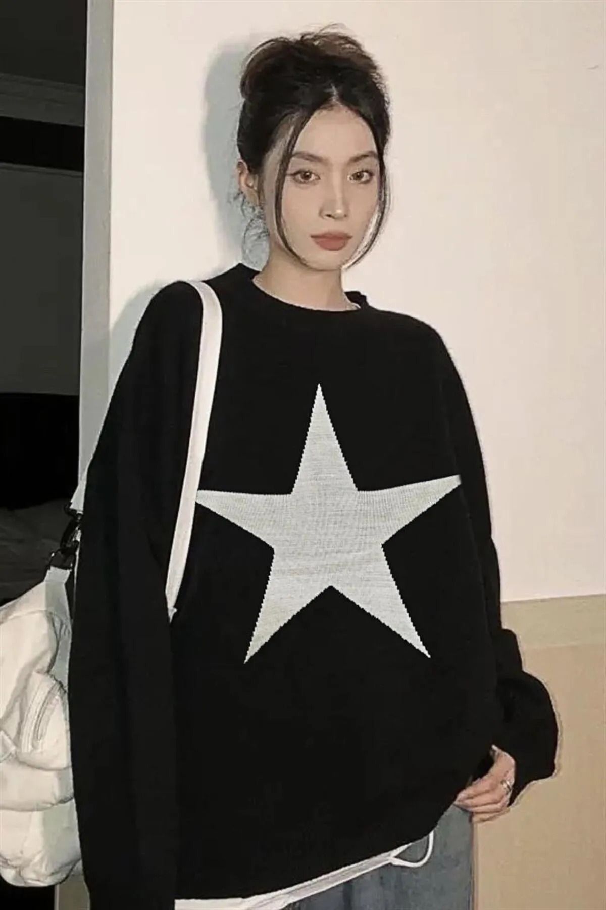 Gofeel Harajuku Street Star Oversize Unisex Siyah Kazak Wear