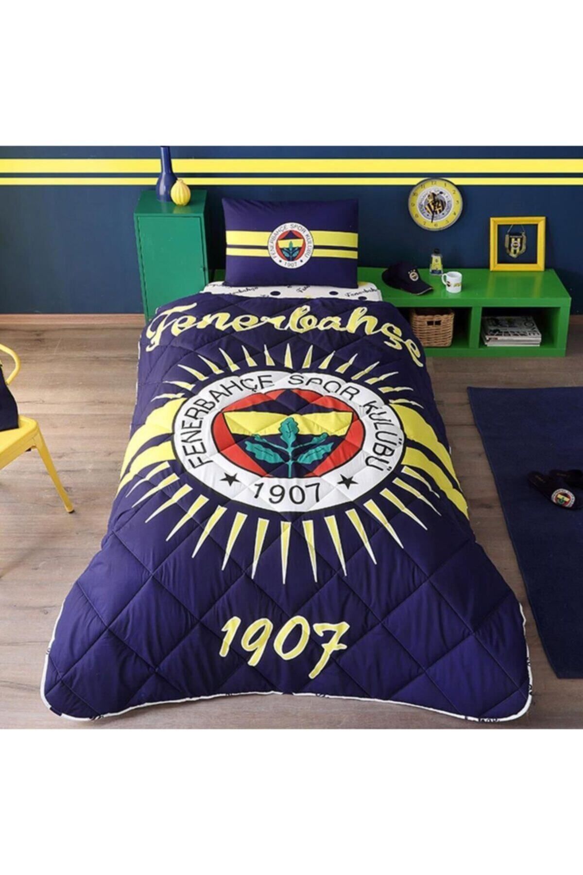 Biriz Moda Taç Fenerbahçe Güneşi Tek Kişilik Yorgan Seti Taç Uyku Seti Yastık Hediyeli