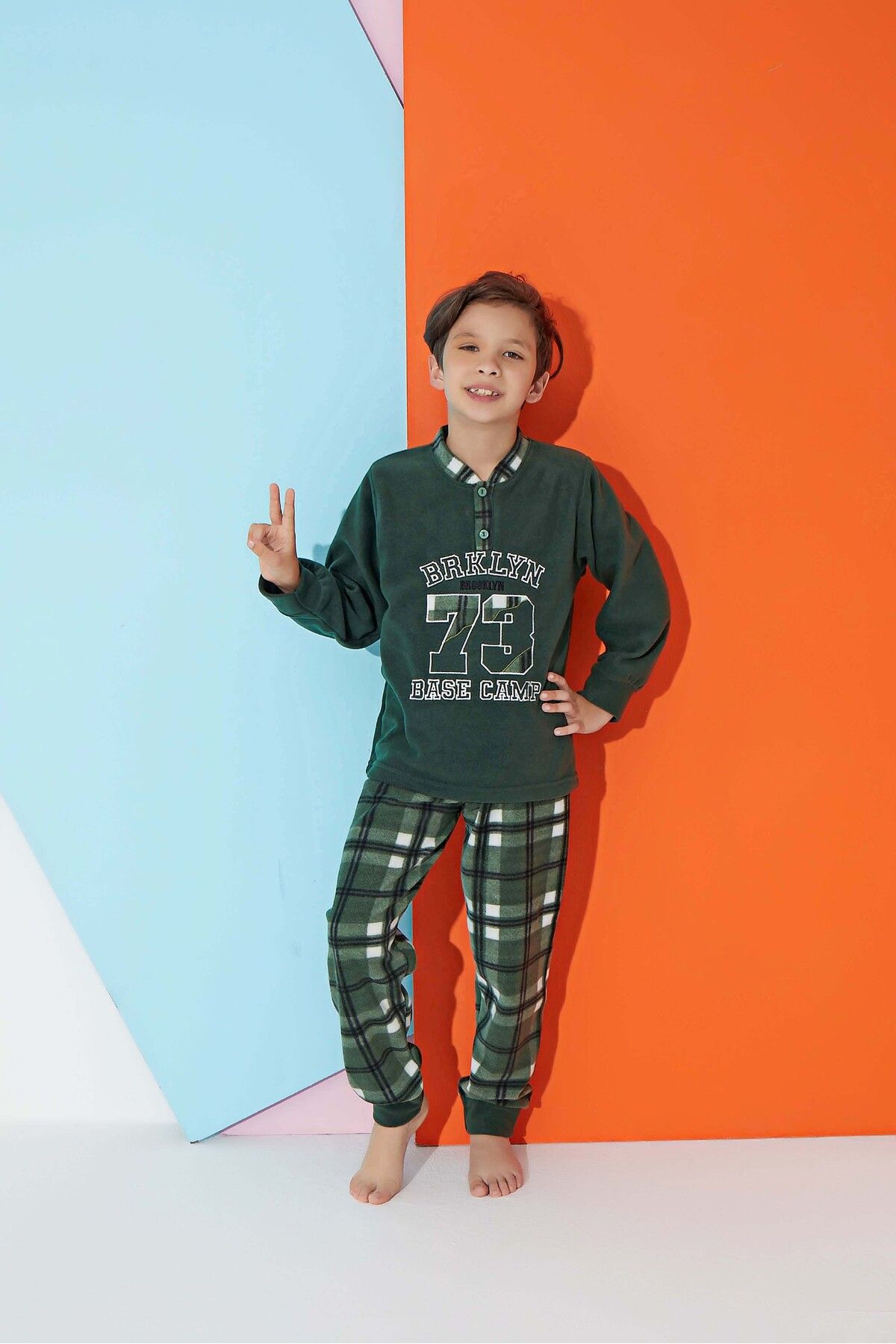 Tarık Erkek Genç VE Çocuk Ekose-Kare Desenli Uzun Kollu Polar Peluş Kumaş Kışlık Sıcak Tutan Pijama Takımı