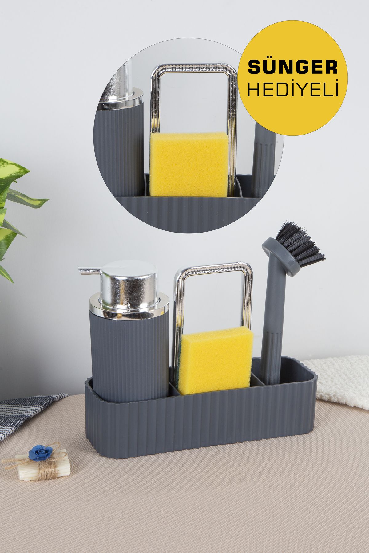Çavdar Group Nova Oval Hazneli Silver Lüx Fırçalı Mutfak Seti & Sıvı Sabunluk Mutfak Banyo Süngerlik & Sabunluk
