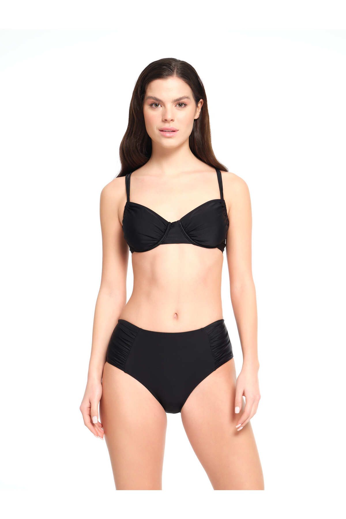 TOO SALTY SWIMWEAR Kadın Siyah Düz Balenli Toparlayıcı Yüksek Bel Bikini Takımı 23s102st