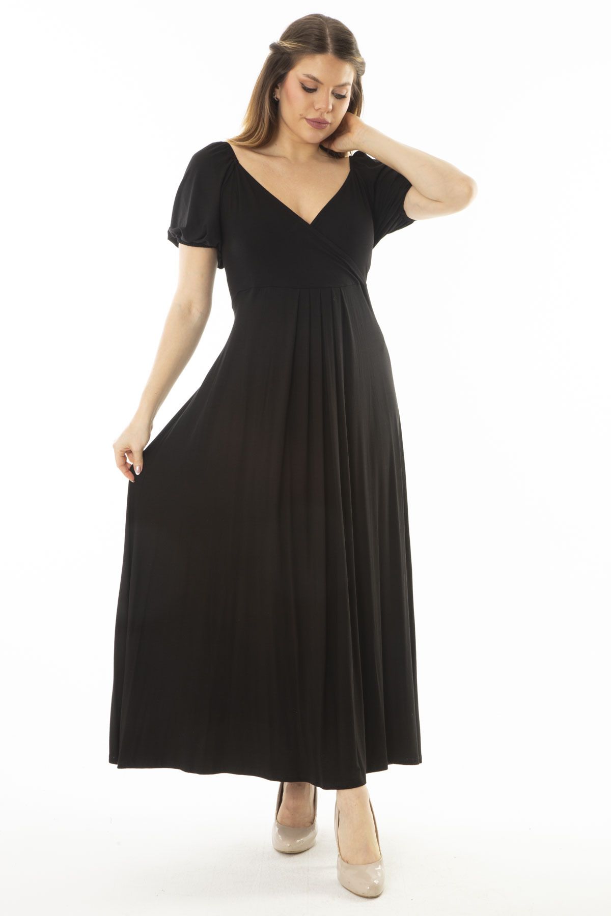Şans Kadın Büyük Beden Siyah Anvelop Yakalı Kol Ağzı Lastik Detaylı Uzun Elbise 65N37069