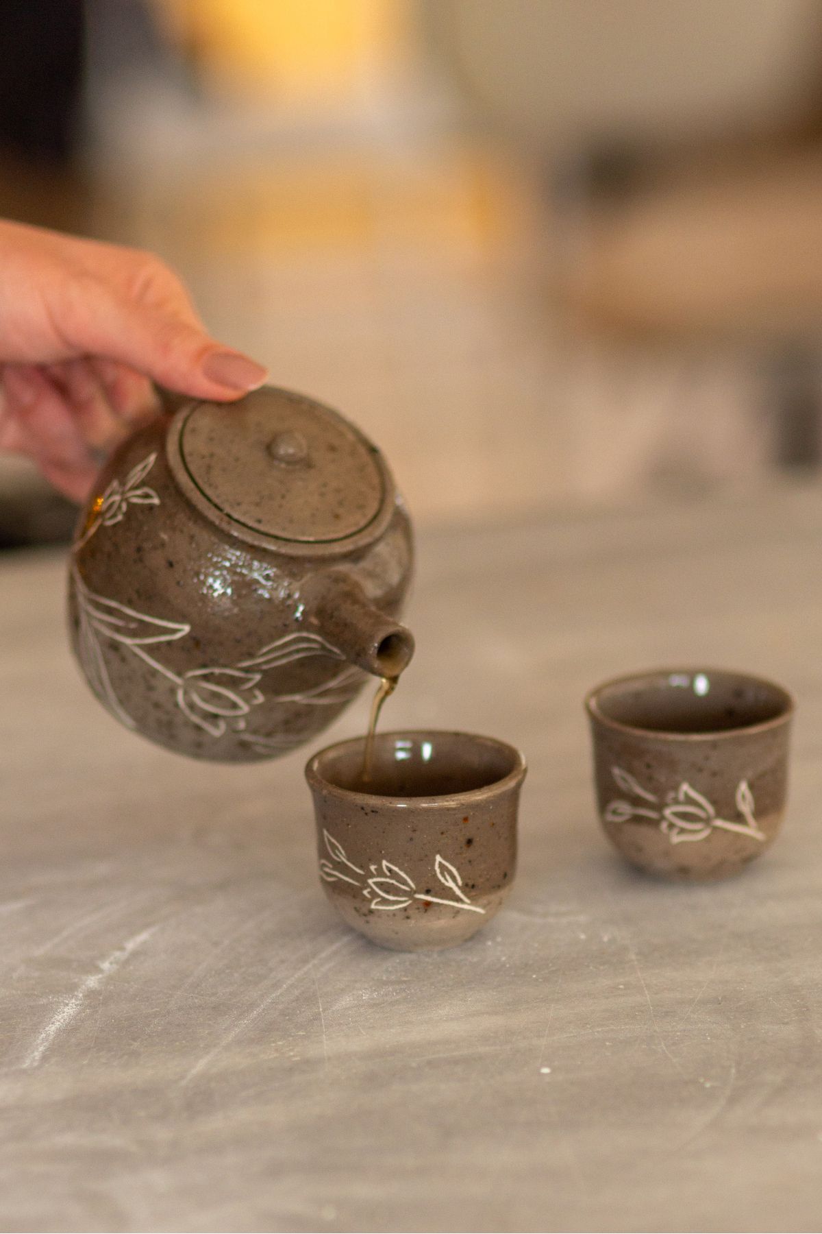 cerabien Seramik Çay Seti, El Yapımı Japon Stili Çiçekli Demlik ve Fincan, Yeşil Çay Seti