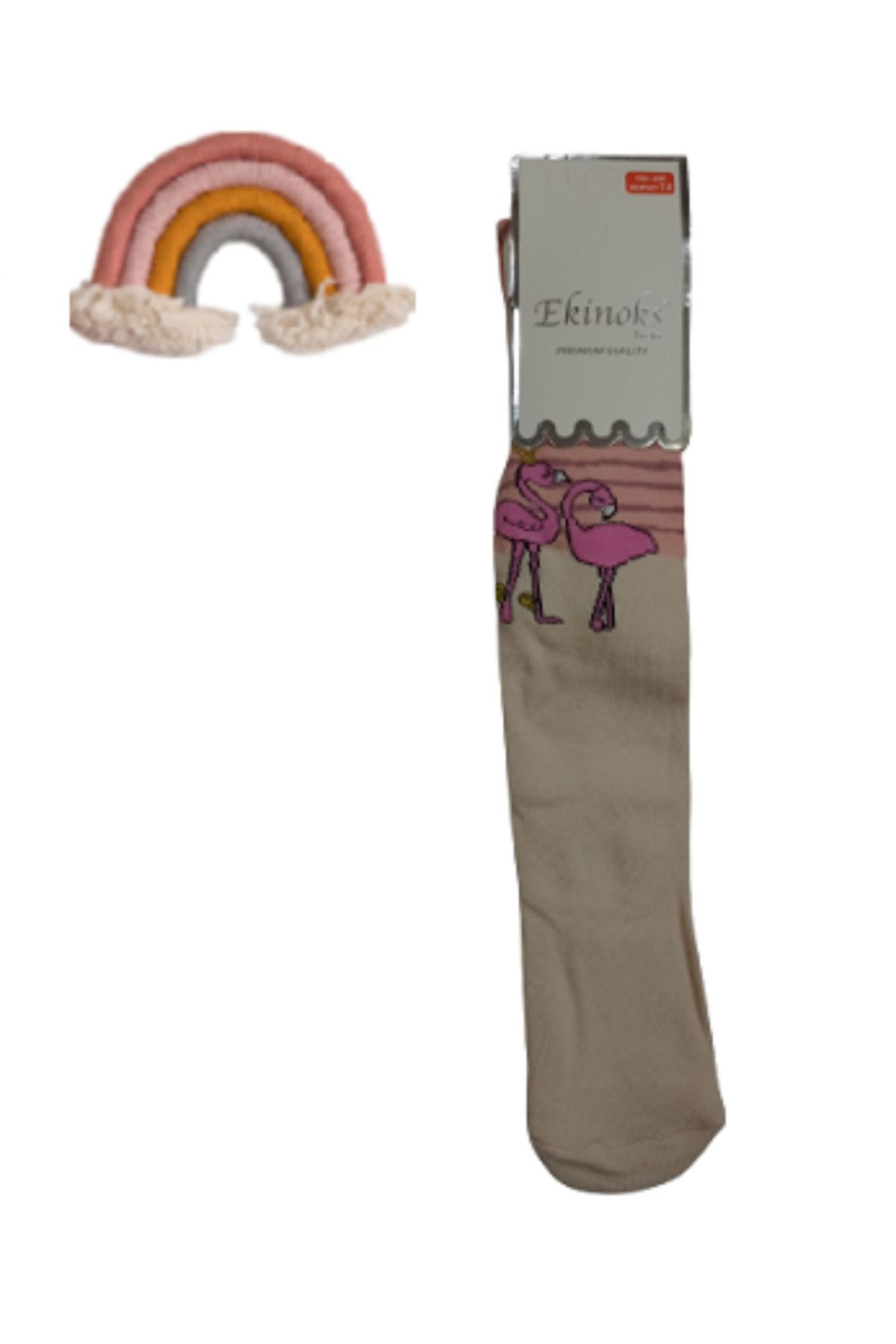 Ekinoks Kız Çocuk 7-9 Yaş Flamingo Desenli Pamuklu Likralı Külotlu Çorap Ekru Pudra