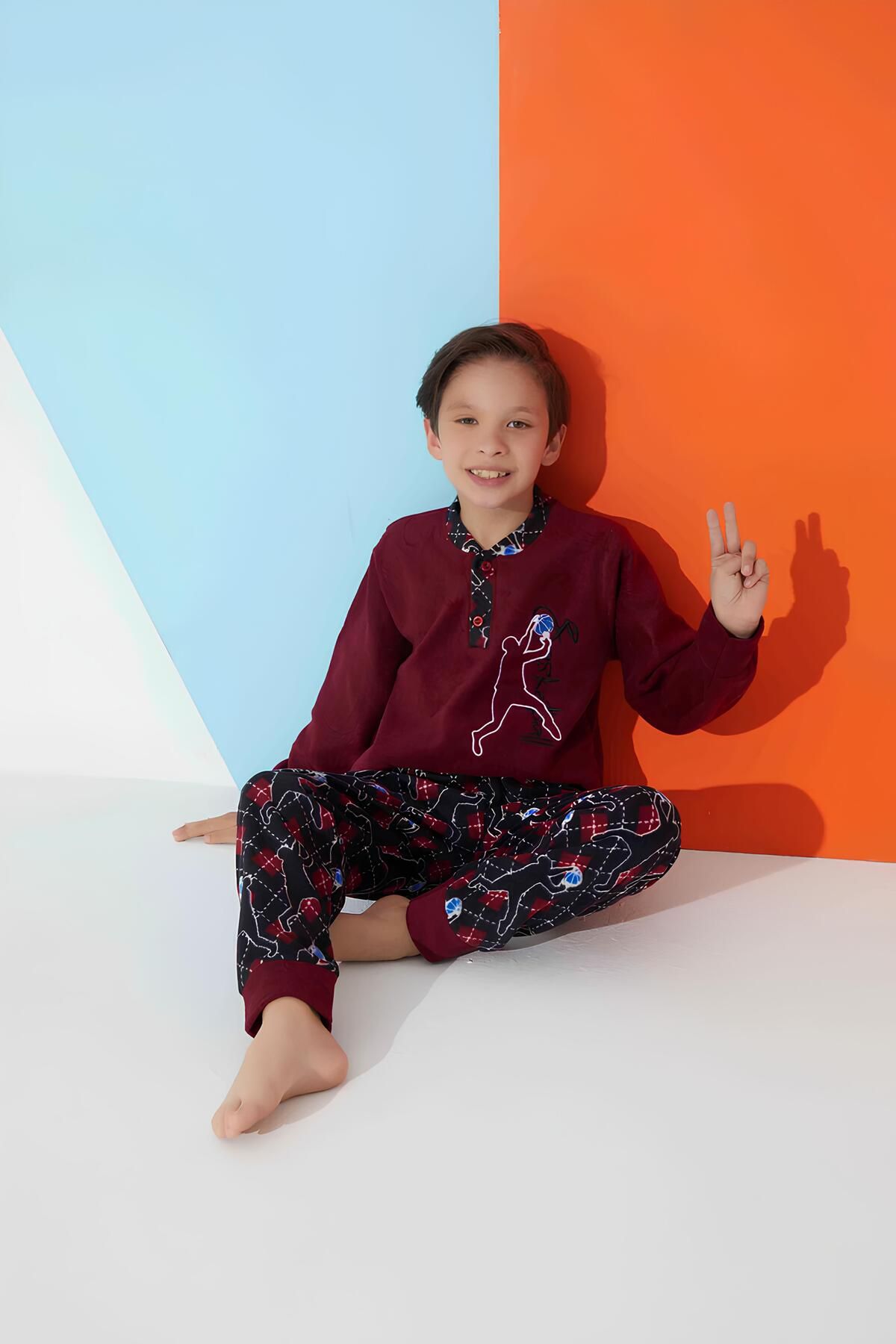 Meba Erkek Çocuk Garson Boy Yaka Düğmeli Bordo Polar Pijama Takımı