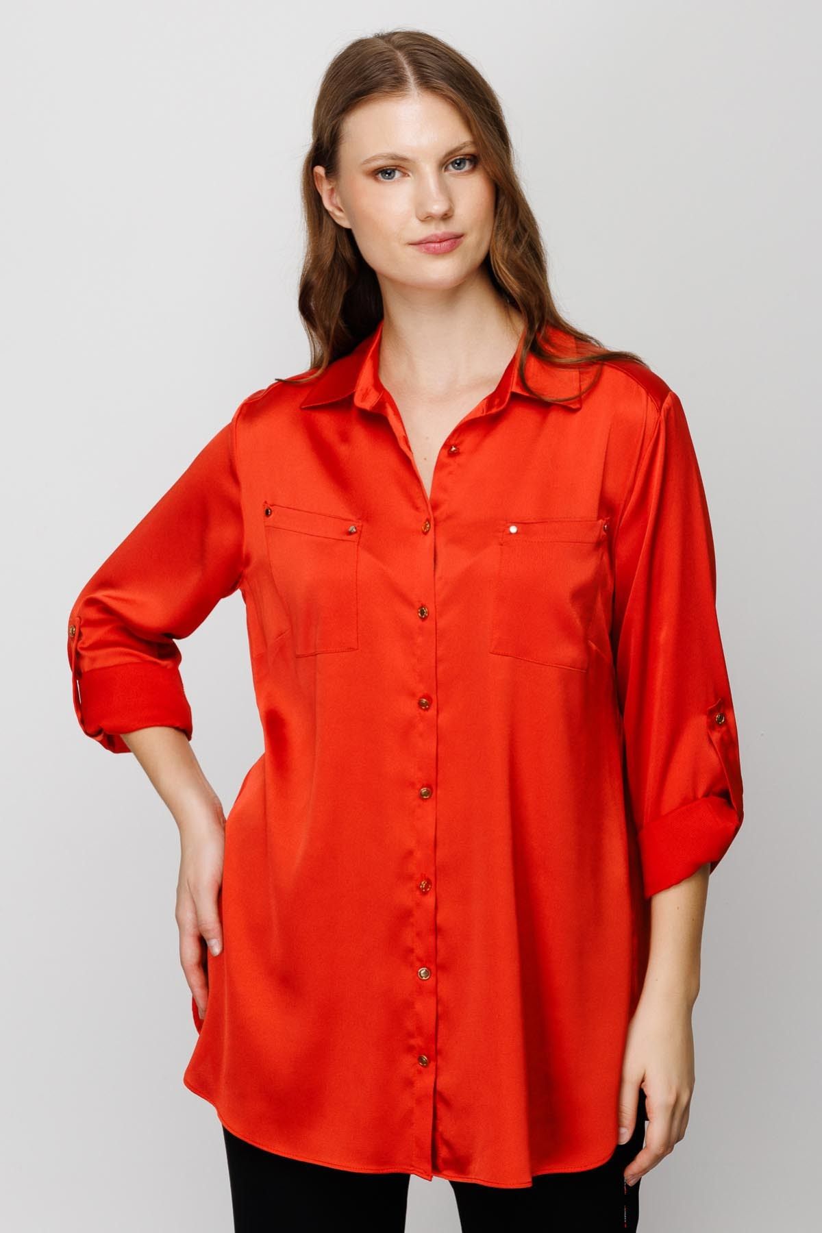 Ekol Kadın Saten Görünümlü Gömlek 1513 Oranj