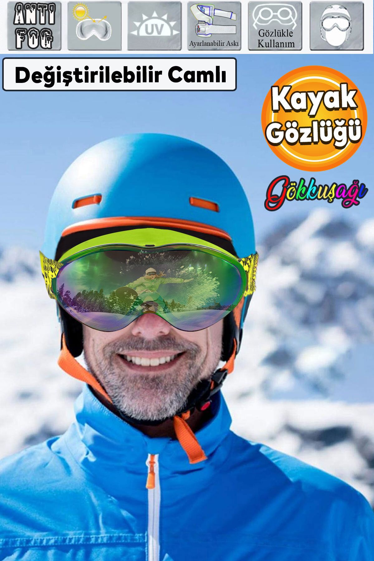 Badem10 Bellasimo Kayak Kar Gözlüğü Değiştirebilir Camlı Antifog Gözlük Gökkuşağı Snowboard Glasses Sporu