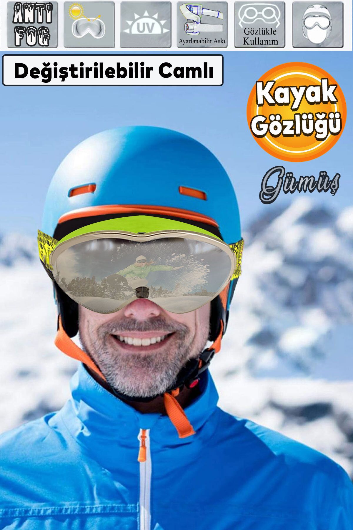 Badem10 Bellasimo Kayak Gözlüğü Değiştirebilir Camlı Antifog Kar Gözlük Gümüş Snowboard Glasses Sporu