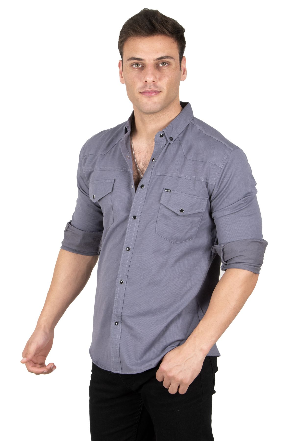 DeepSea Erkek Füme Likralı Çıtçıtlı Çift Cepli Dikiş Detaylı Kot Gömlek 2300419