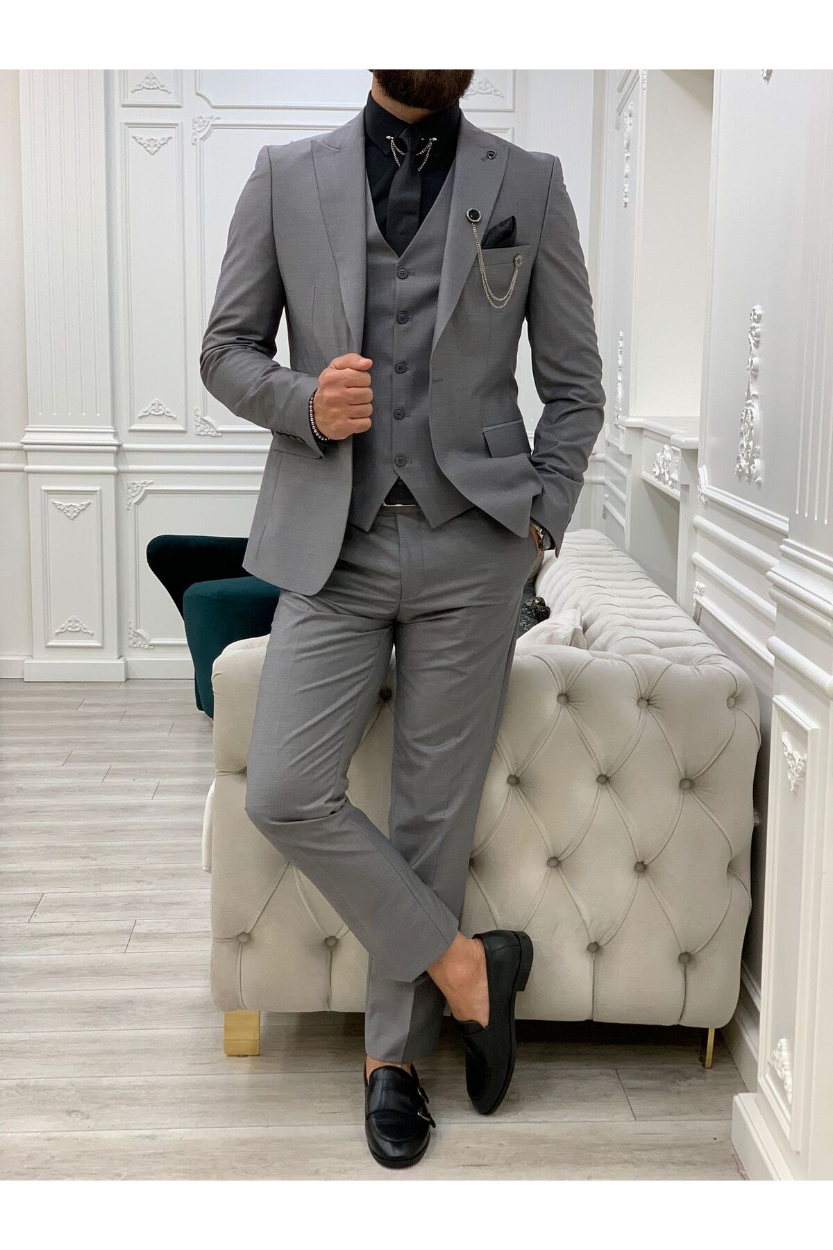 LONATOLİA Erkek Takım Elbise Kırlangıç Yaka İtalyan Kesim Slim Fit Ceket Yelek Pantolon-Gri