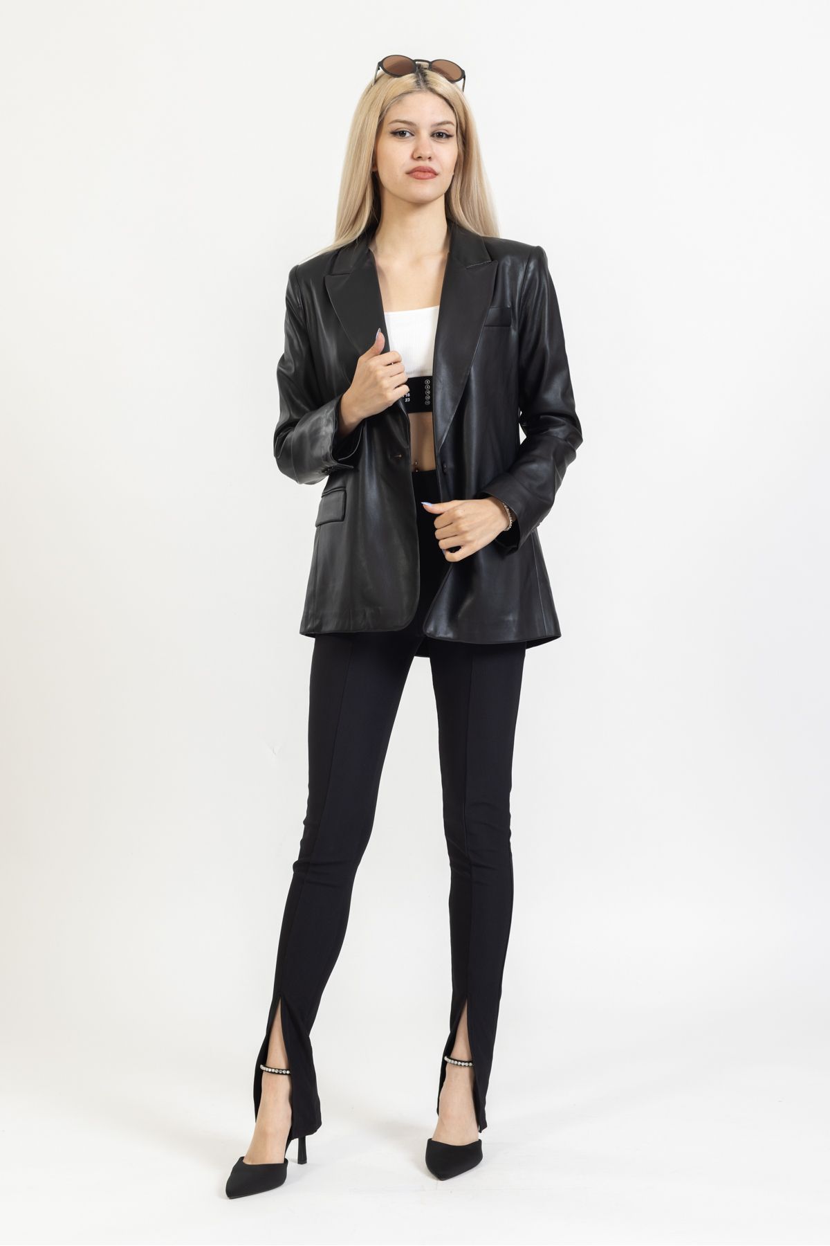 Dilvin Deri Ceket, Siyah Düğmeli Ceket, Astarlı Uzun Ceket, Ofis Giyim, Sokak Stili,6871