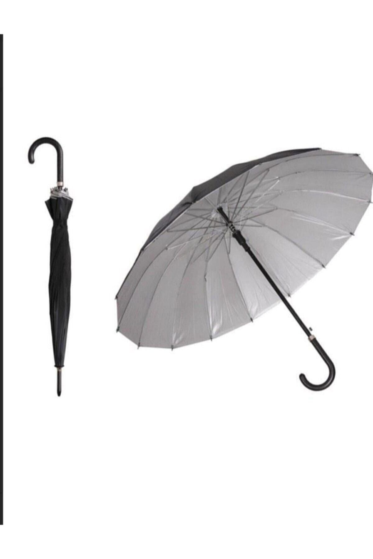 Mavi Şemsiye 16 Telli Dışı Siyah Içi Gümüş Renk,baston Şemsiye 555-1