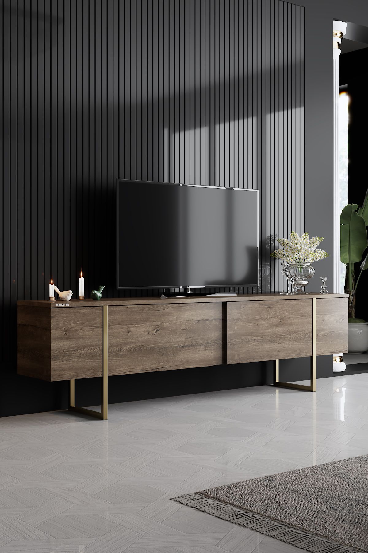 Modatte Luxe Gold Demir Ayaklı Ceviz Tv Sehpası Tv Ünitesi