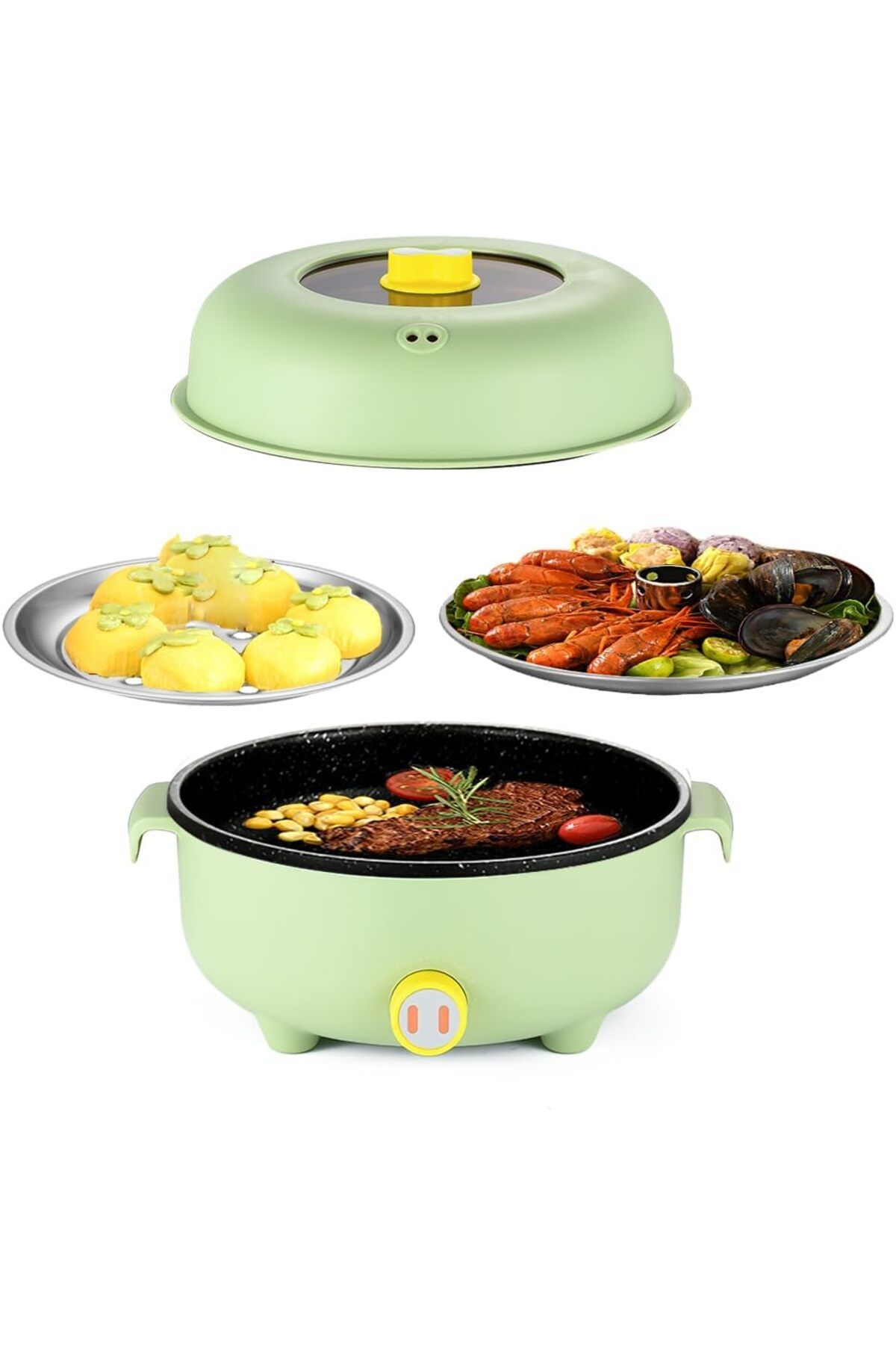 RHD Elektrikli Hot Pot 2,2 l, 2 Buharlı Pişirici, Taşınabilir Yapışmaz Kızartma Tavası