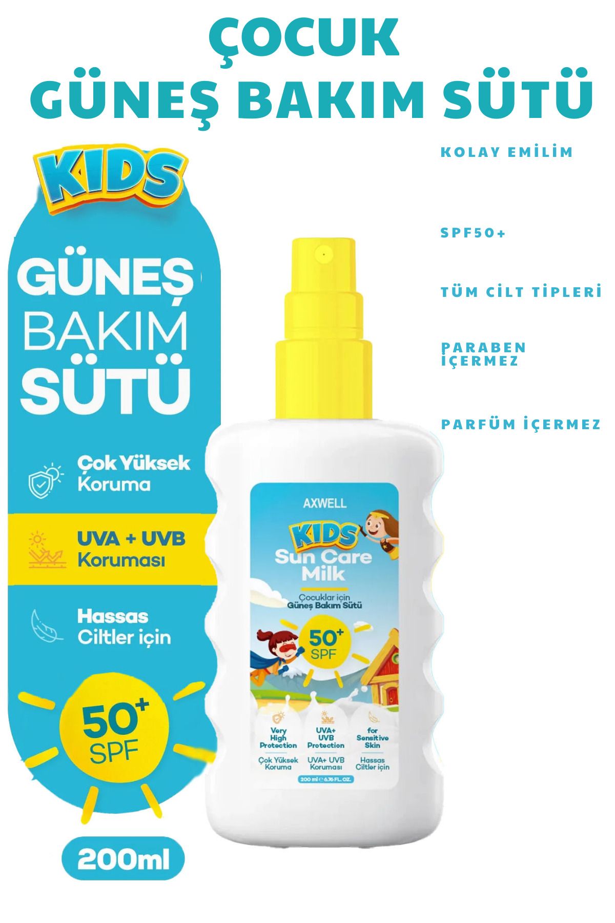 AXWELL Kids Çok Yüksek Koruyucu Çocuk İçin Yüz & Vücut Güneş Sütü Spreyi Spf50+ 200 mL