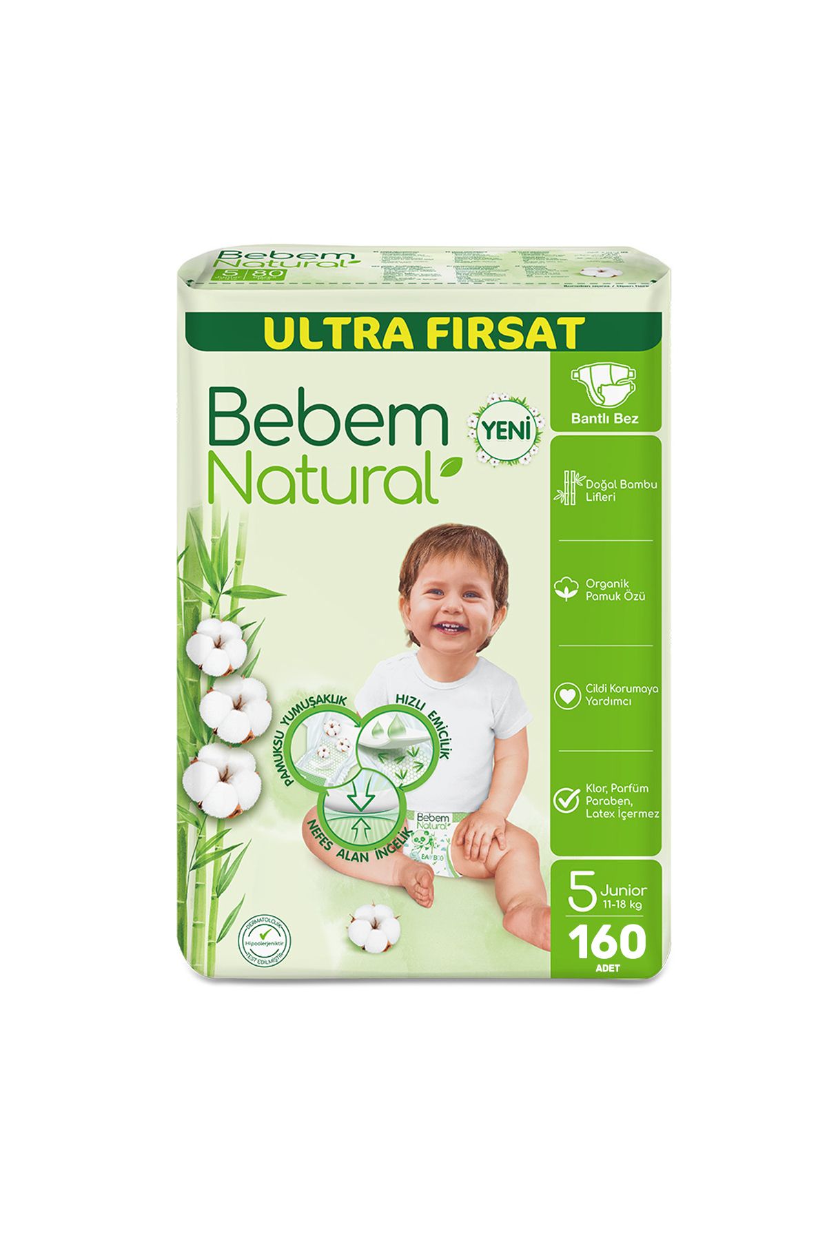 Bebem Natural Bebek Bezi Ultra Fırsat Paketi Maxi 5 Numara 160 Adet (80 x 2 Paket)