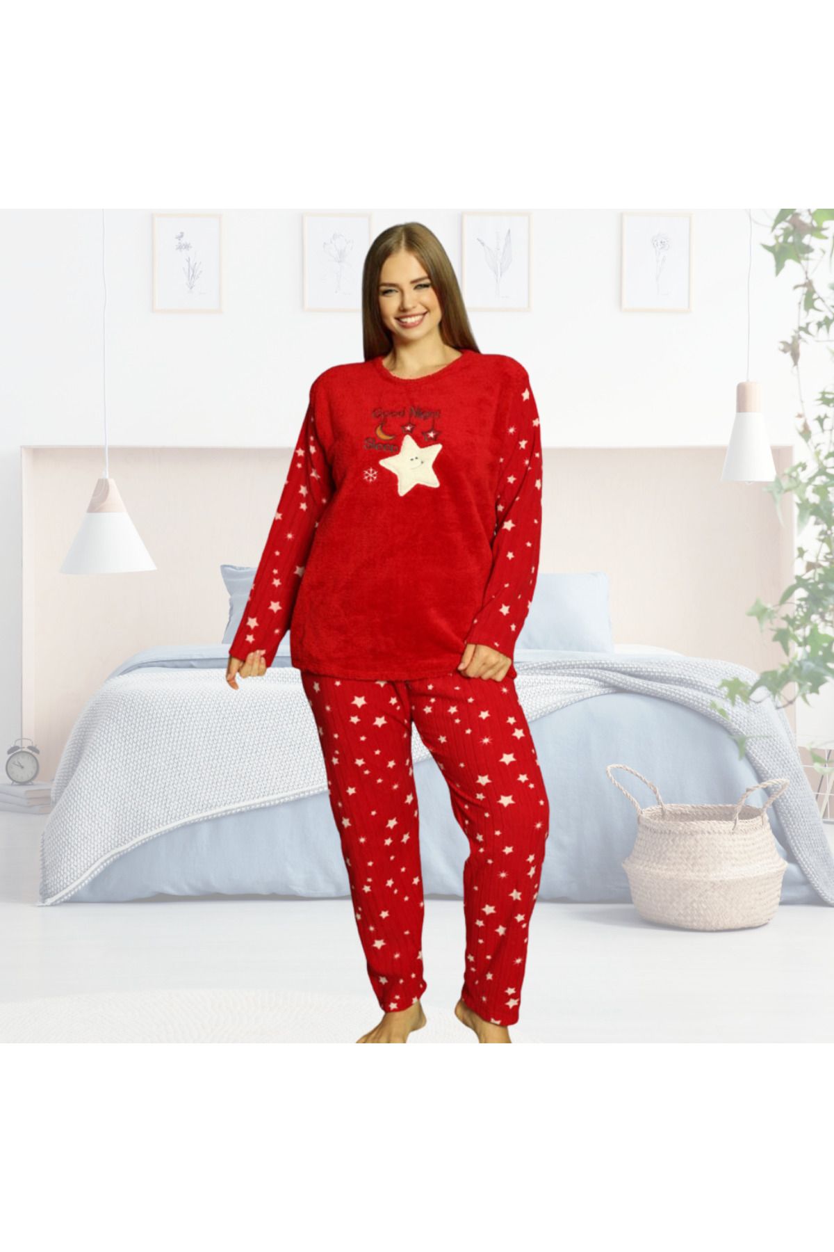 Gülfirik Tasarım Kırmızı Welsoft Polar Kışlık Büyük Beden Kadın Pijama Takımı