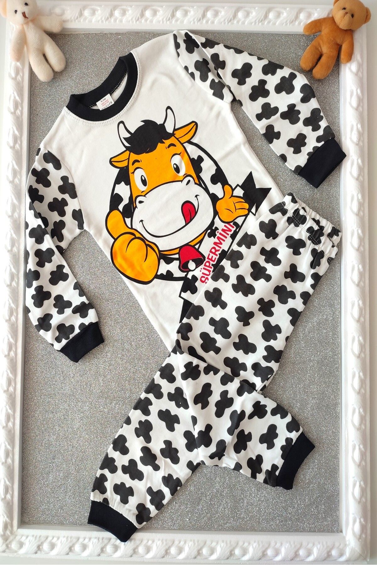 dubi baby unısex siyah sevimli inek desenli 2'li çoçuk pijama takımı