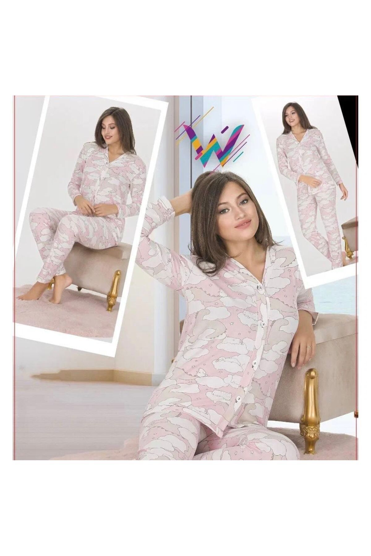 ÖŞ Butik Pembe Önden Düğmeli Pijama Takımı