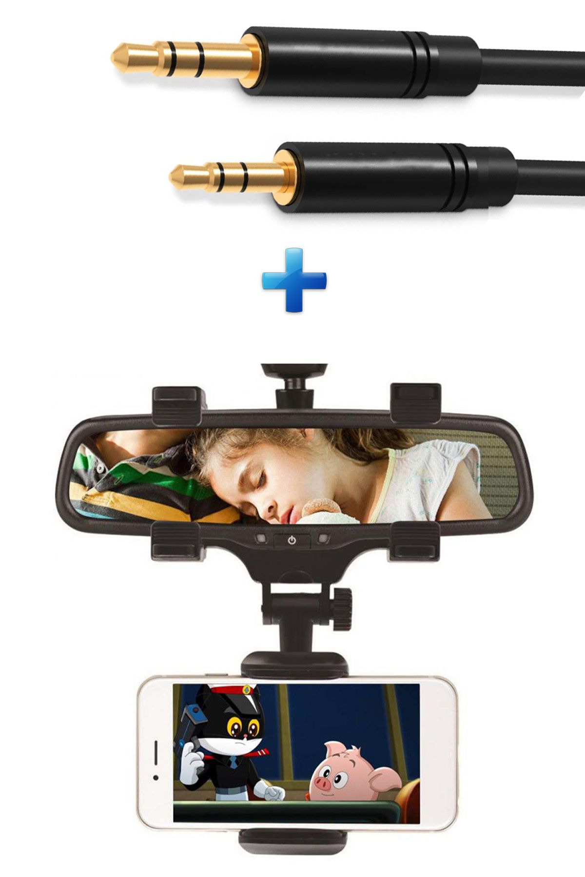 MEZİGARC Universal 2li Araç Içi Set Dikiz Aynası Telefon Tutucu Ve Universal 3,5mm Aux Ses Kablosu