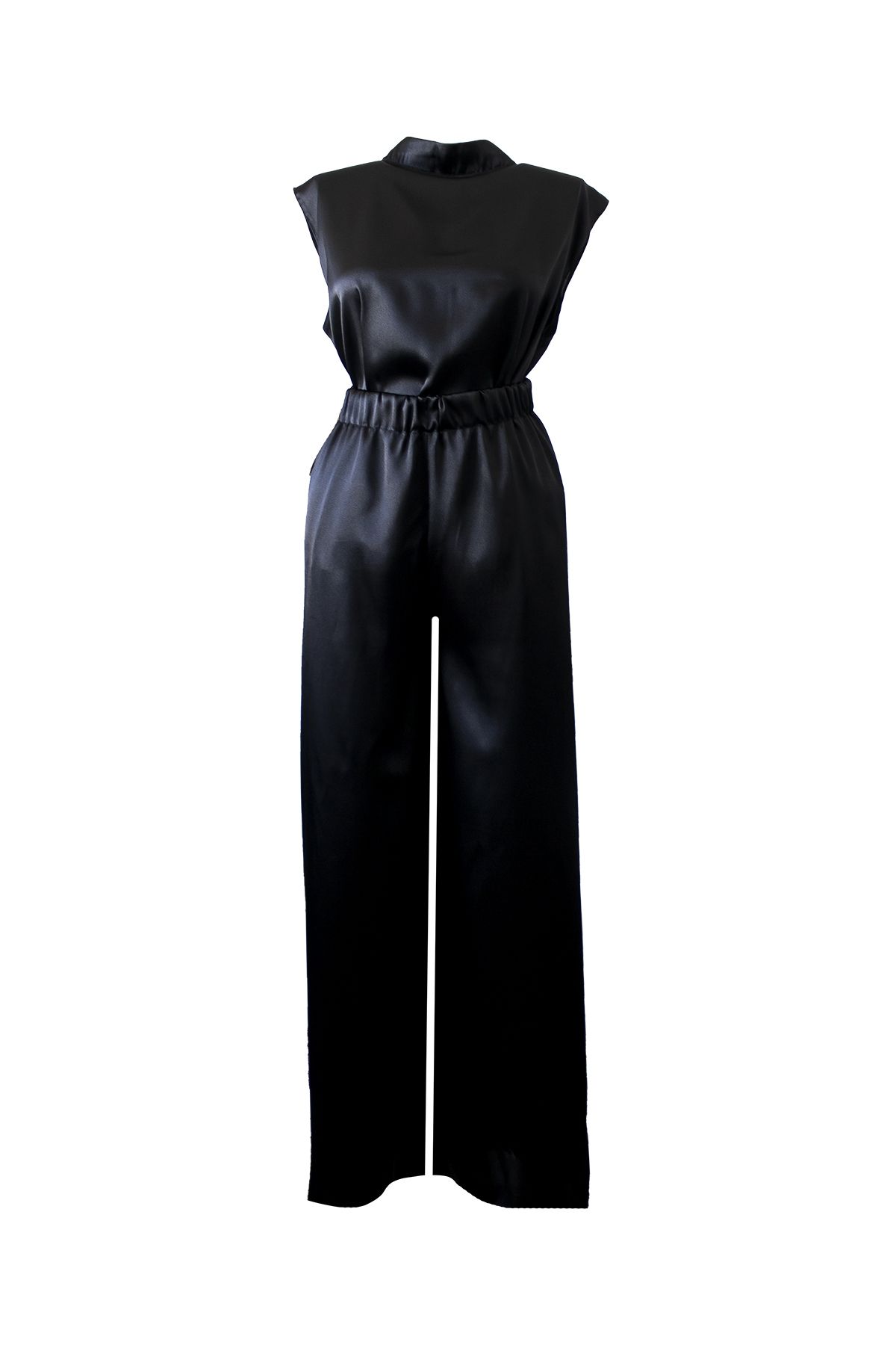 Mita Concept Siyah Saten Balıkçı Yaka Gömlek-Lastikli Pantolon Takım