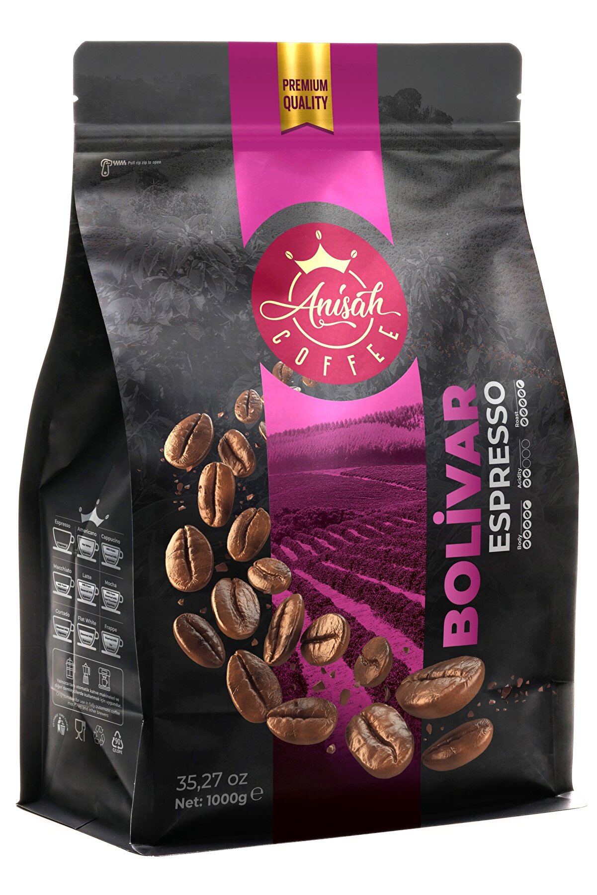 Anisah Coffee Bolivar Koyu Kavrulmuş (DARK ROAST) Espresso Blend Çekirdek Kahve 1000g | Dolgun Gövde-dengeli Tat