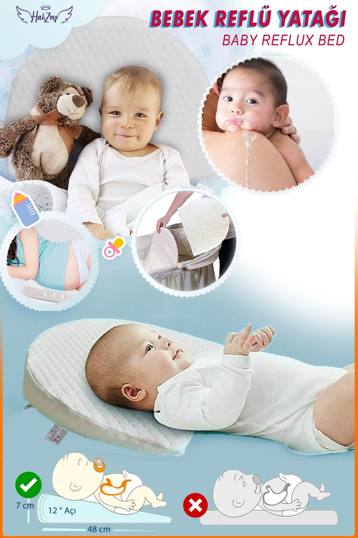 HALZEY Bebek Reflü Yatağı, Bebek Reflü Yastığı, Bebek uyku düzenleyici + Hamile Destek Yastığı