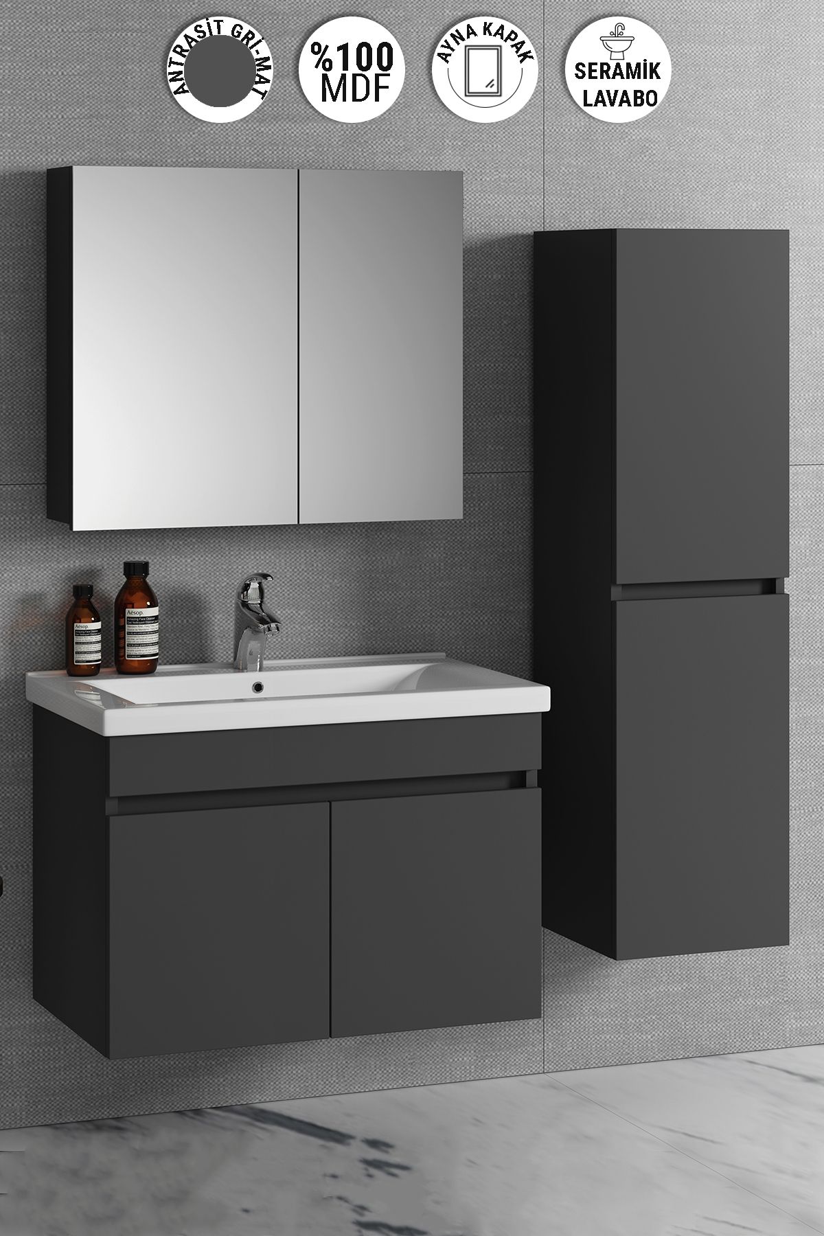 ÖZCEDEN Aynalı Boy Dolaplı Banyo Dolabı Takımı 80+35 Cm Komple Mdf Ve Seramik Lavabolu