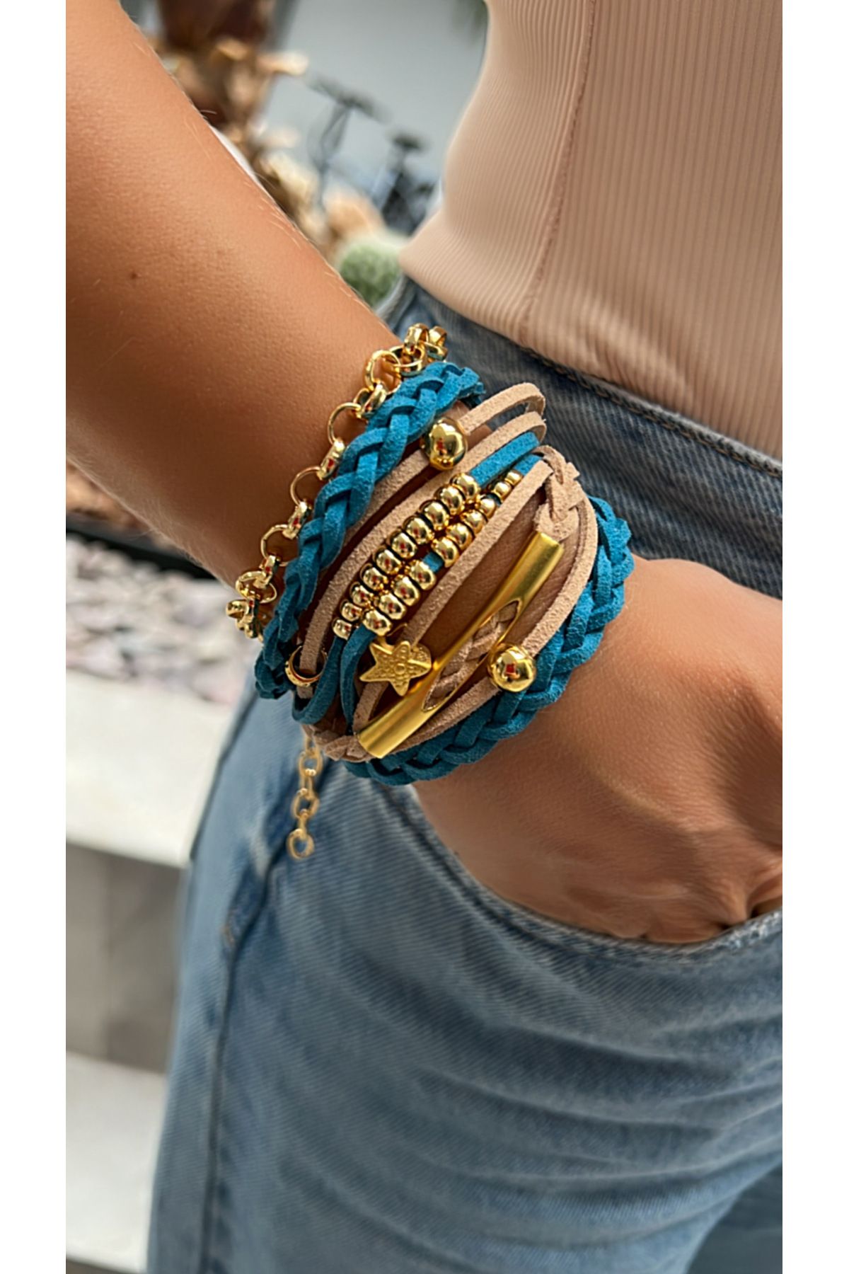 Kutcha Accessories Mavi Süet Ve Gold Çoklu Kadın Bileklik