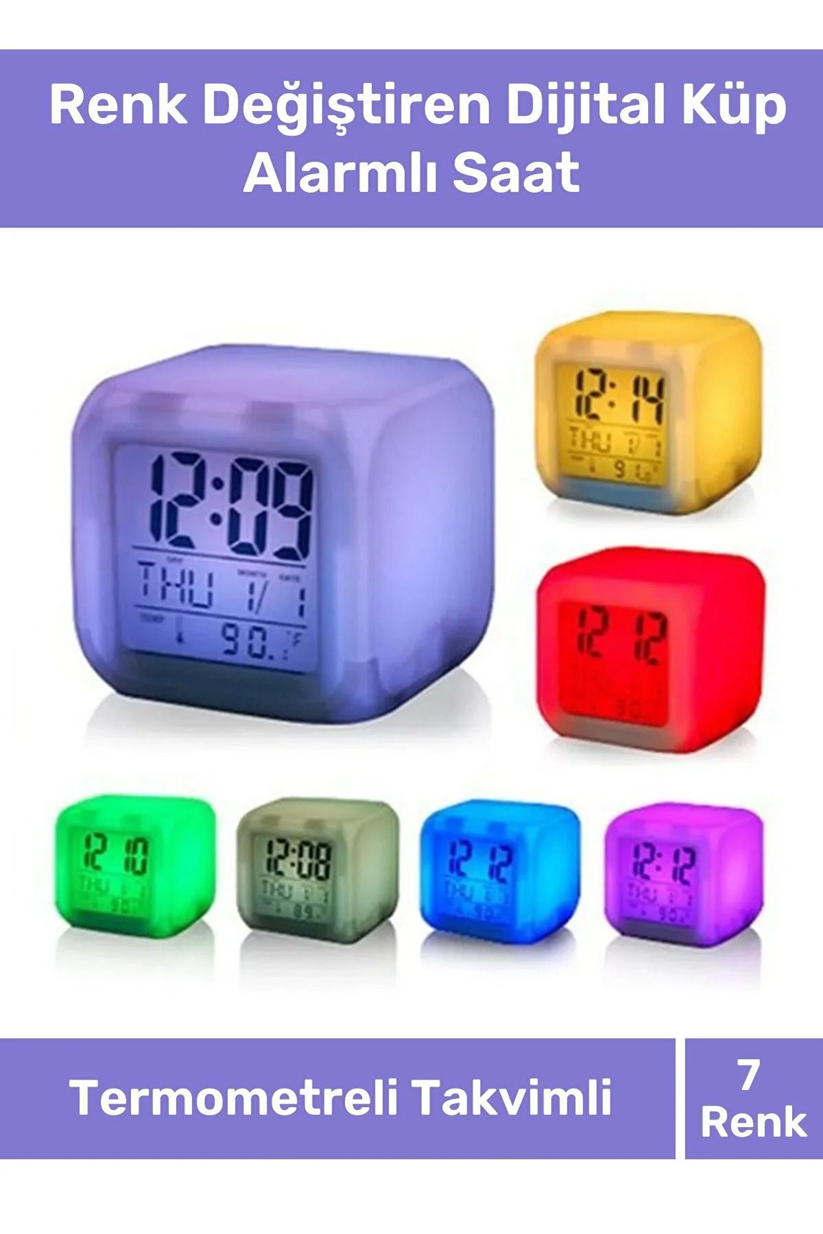 Sensoria 7 Renk Değiştiren Çocuk Odası Ofis Alarmlı Takvimli Dijital Kare Çalar Saat Masa Üstü Saat