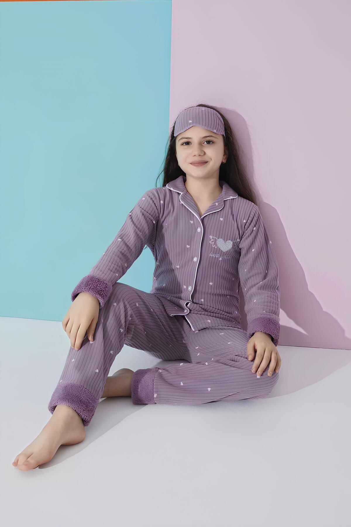 Meba Kız Çocuk Gez Boy Şal Yaka Önden Düğmeli Polar Lila Pijama Takımı Uyku Bandı Hediyeli