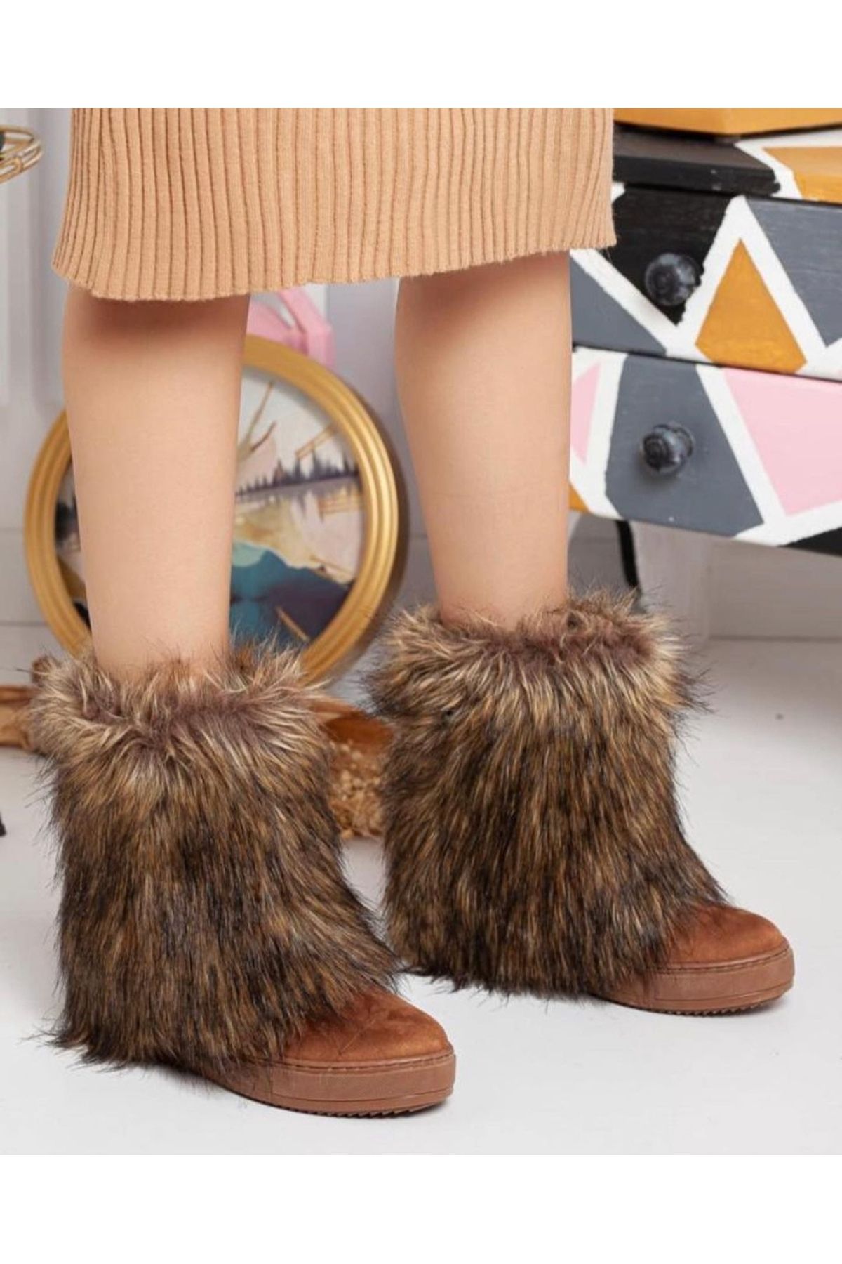 Afilli Kadın Kahve Taba Süet Tüylü Gizli İçten Topuk Bot Kalın Taban Postal Kaymaz Kışlık Ayakkabı