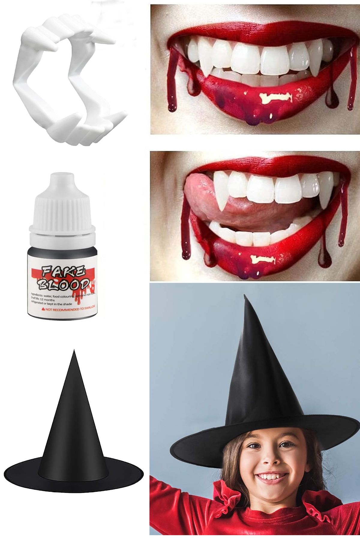 Parti Dolabı Cadılar Bayramı Siyah Cadı Şapka, Vampir Dişi, Kan Halloween Parti Seti Yetişkin Çocuk 3pr