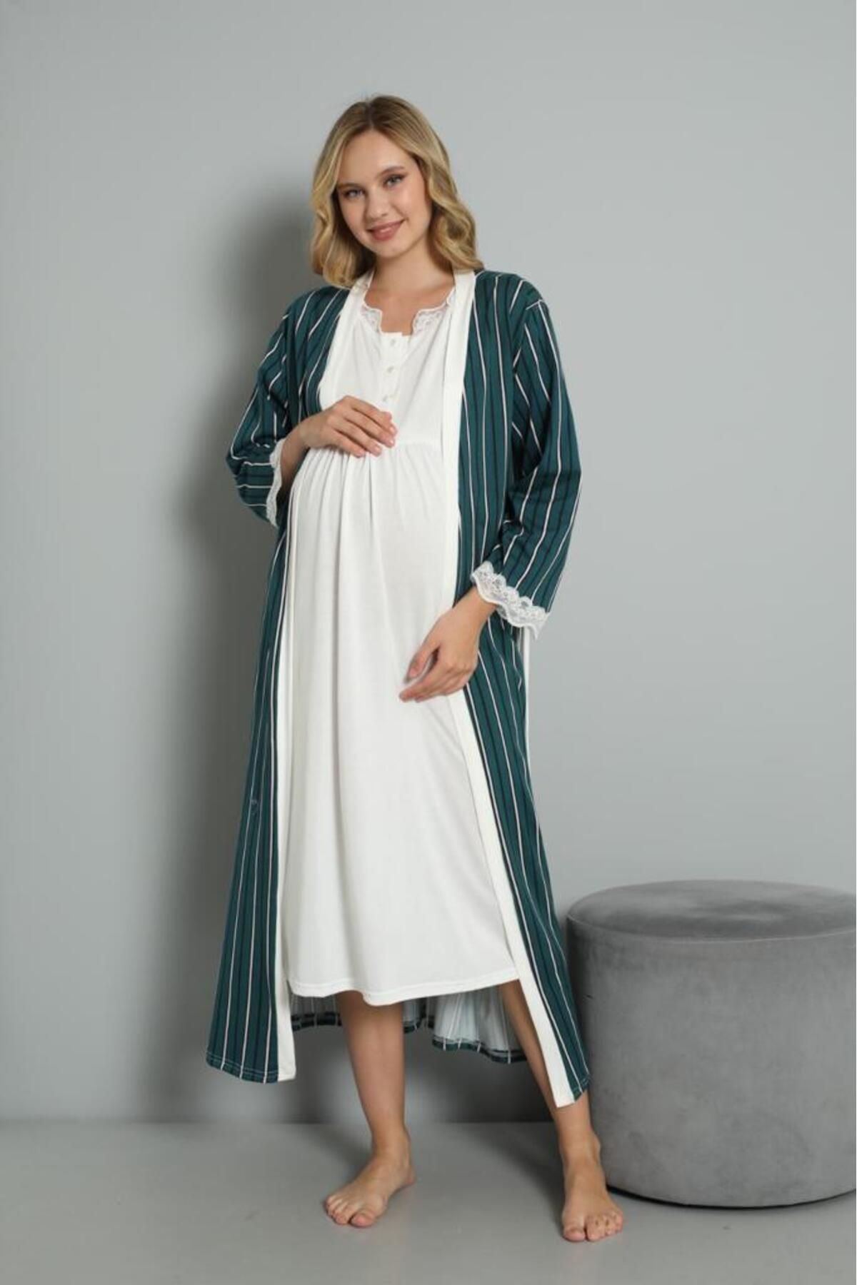 Pijamadam Rimel Beyaz Sabahlıklı Hamile-Lohusa Kadın Gecelik Takımı