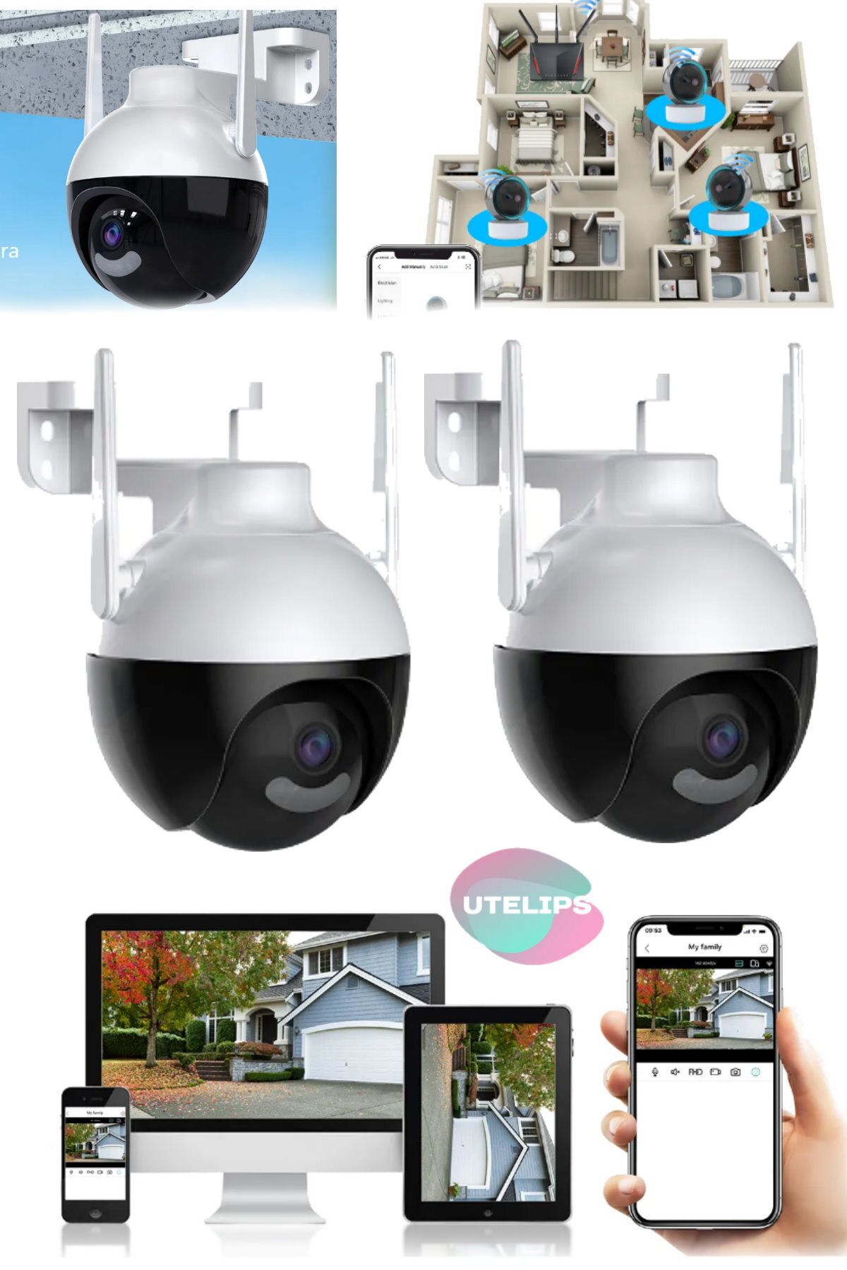 Utelips 2 Adet Villa Yazlık Dükkan Ofis Güvenliği İçin Hırsız Önleyici Ve Tam Zamanlı İzleme Kayıt Kamerası