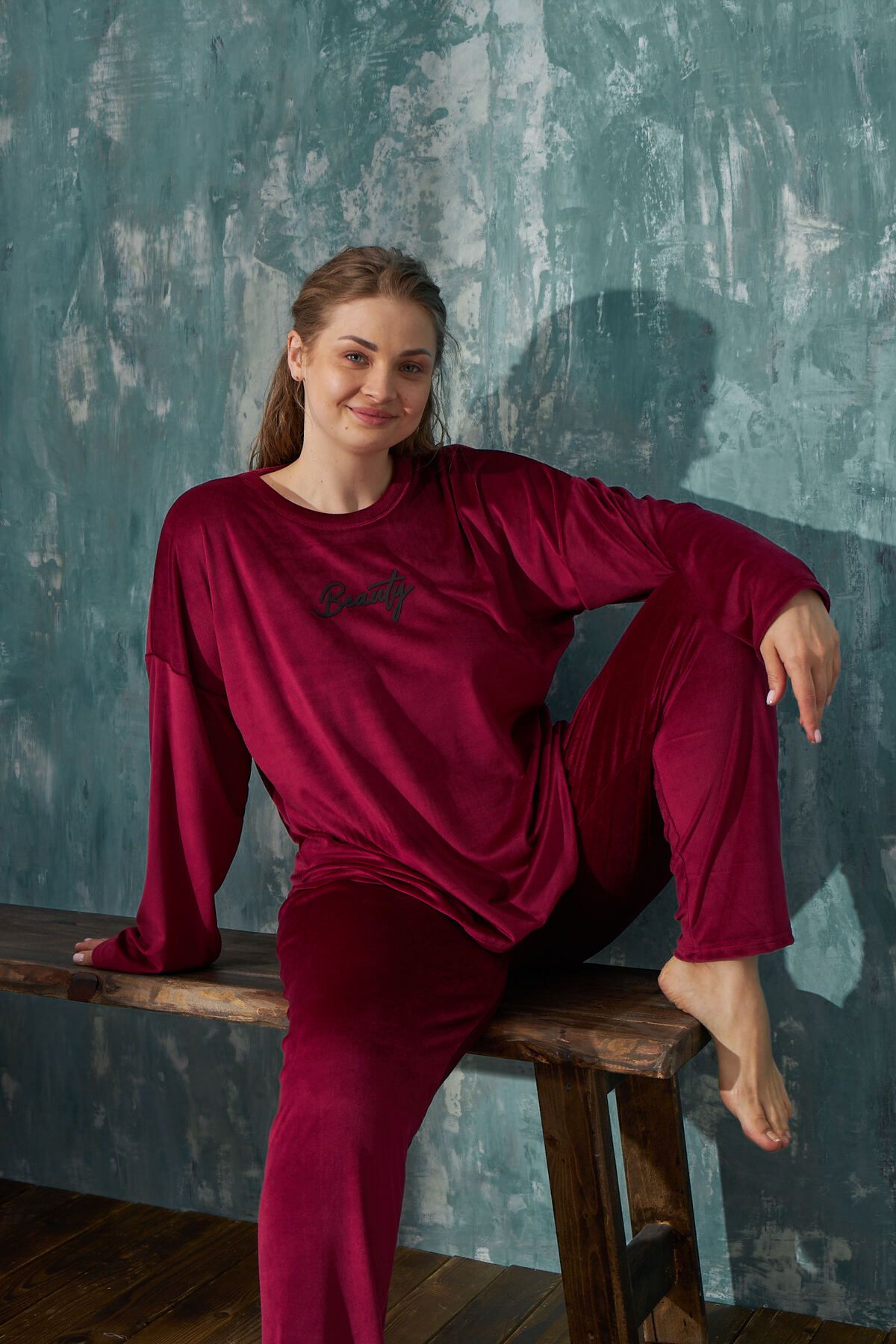 Meba Kadın Kışlık Büyük Beden Fransız Kadife Bordo Pijama Takımı Bordo Beauty-1