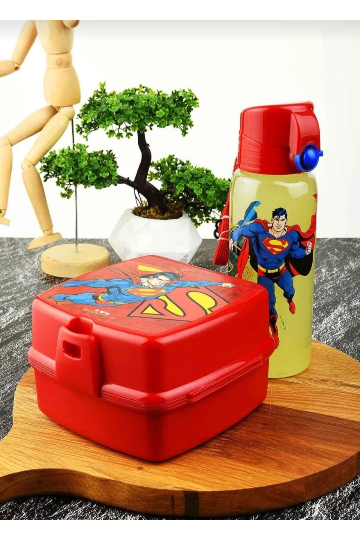 Arbu Home Kaşık Çatallı Beslenme Kabı ve Pipetli Suluk Matara Set 500 ML - Superman