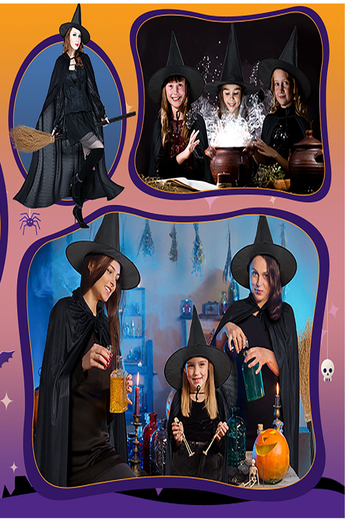 Halloween Cadı Şapkası Süpürge, Siyah Pelerin Parti Seti, Cadılar Bayramı Kostüm Aksesuar Set_3
