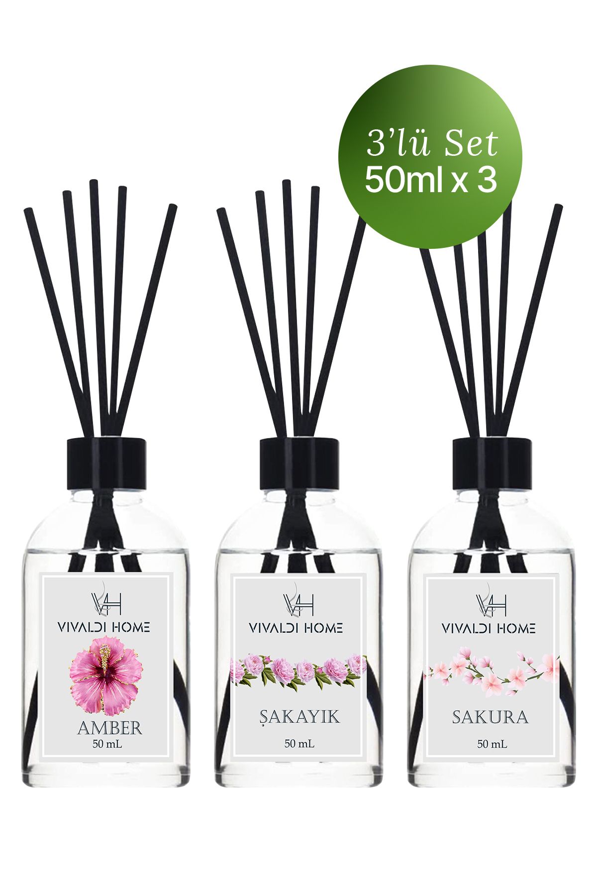 Vivaldi Home Amber, Şakayık, Sakura Çubuklu Oda Kokusu Esansiyel Uçucu Yağ 50 ml x 3'lü Set