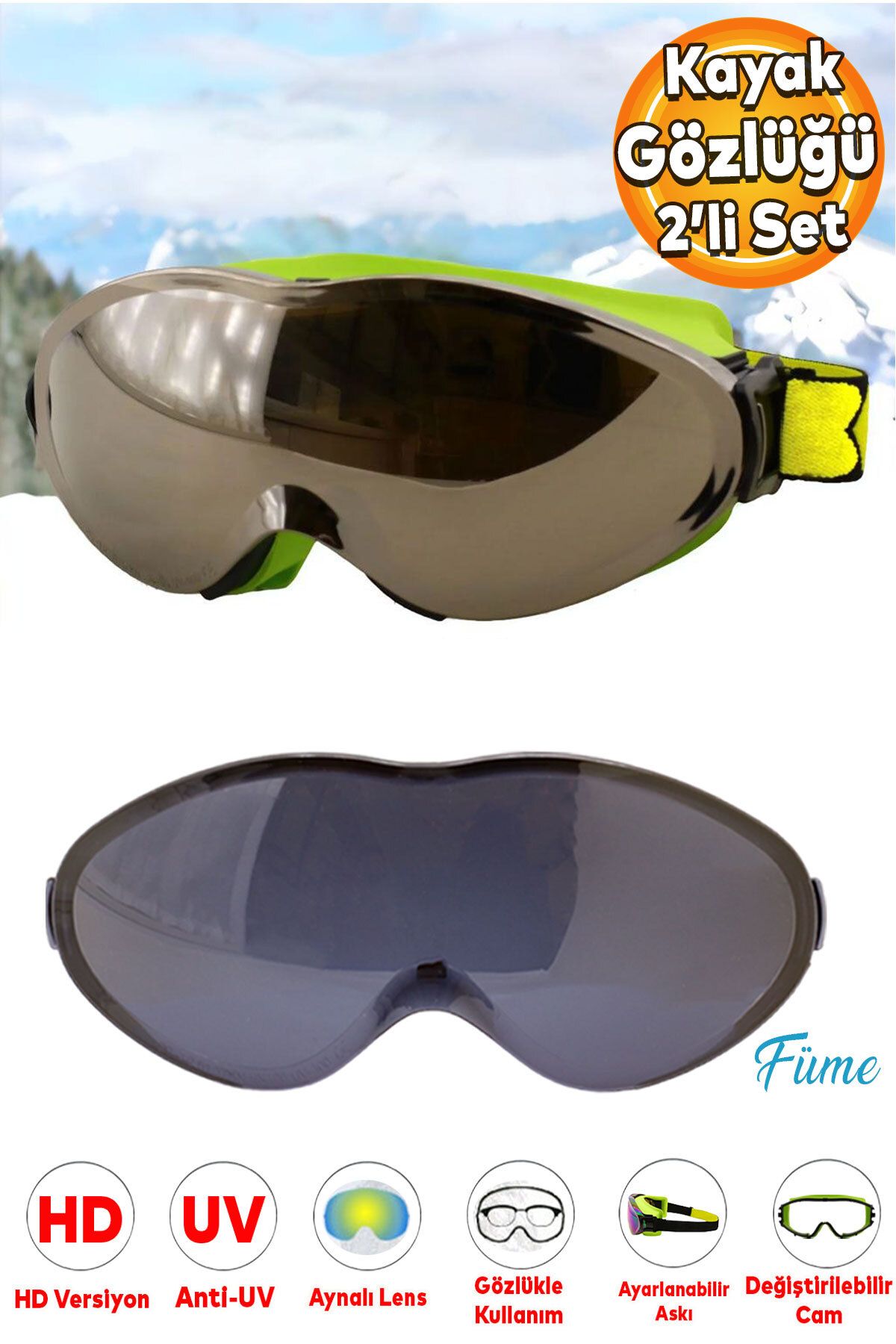 Badem10 Bellasimo Kayak Gözlüğü Değiştirebilir Camlı Antifog Güneş Kar Gözlük Gümüş 1 Adet Yedek Cam