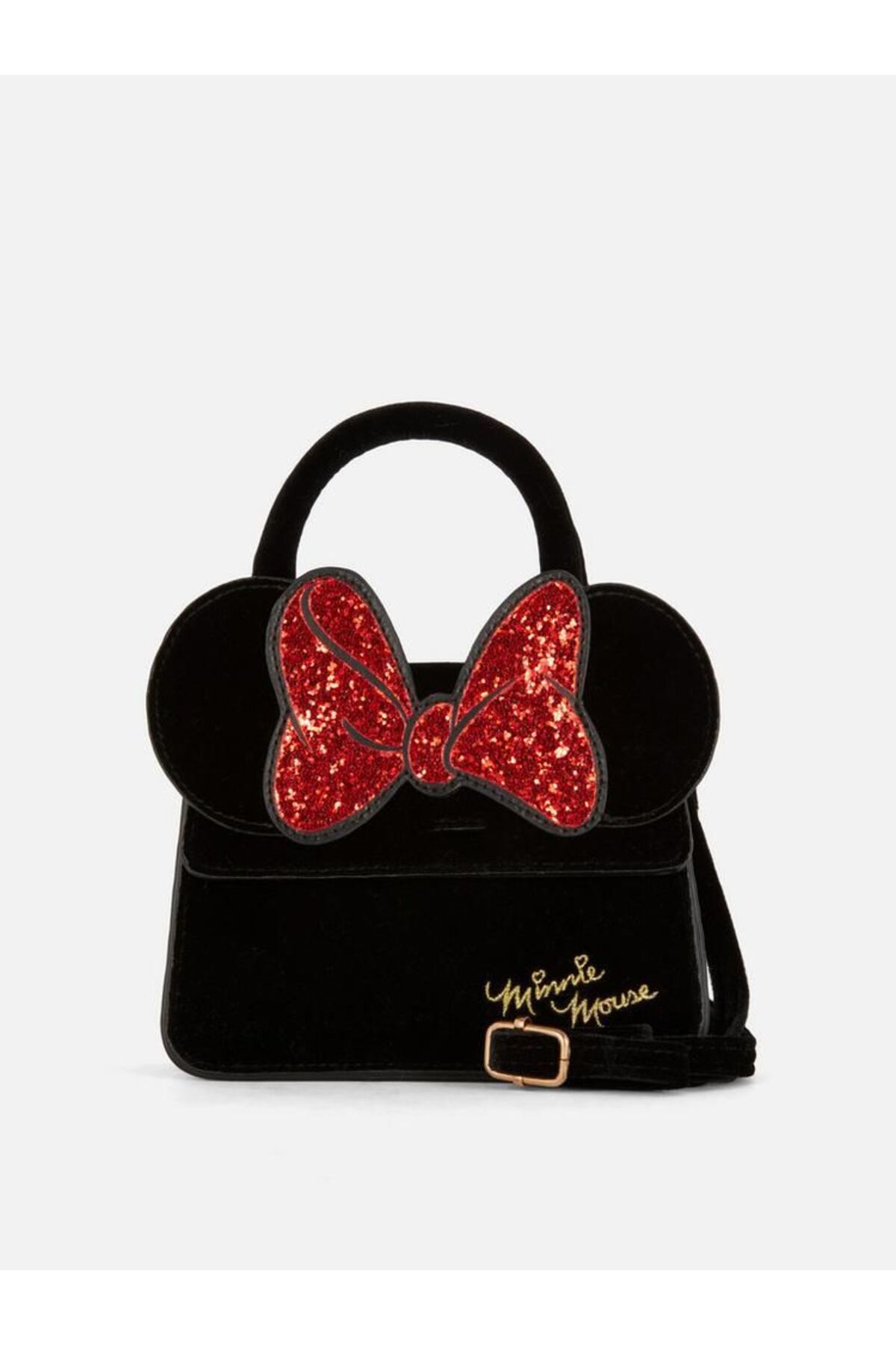 QUEEN AKSESUAR İthal Disney Minnie mouse lüks simli fiyonklu süet kadife kol askılı çocuk çanta