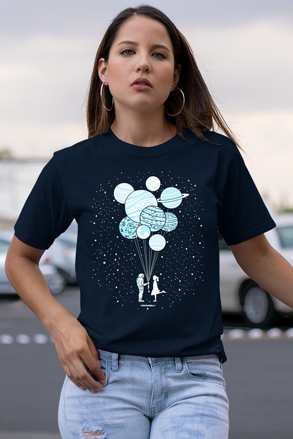 ROCKANDROLL Balon Gezegenler Lacivert Kısa Kollu Kadın T-shirt