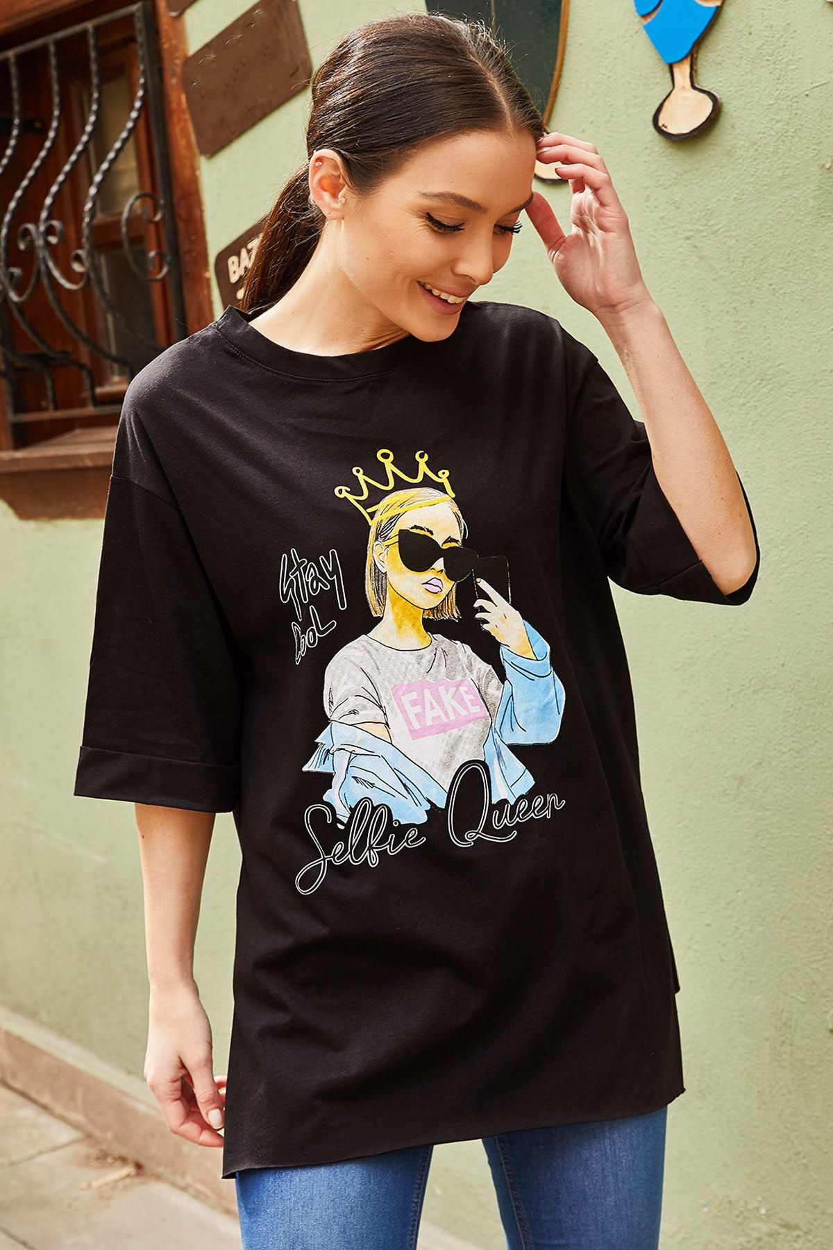 armonika Kadın Siyah Fake Yazili Boyfriend T-Shirt ARM-20K012048