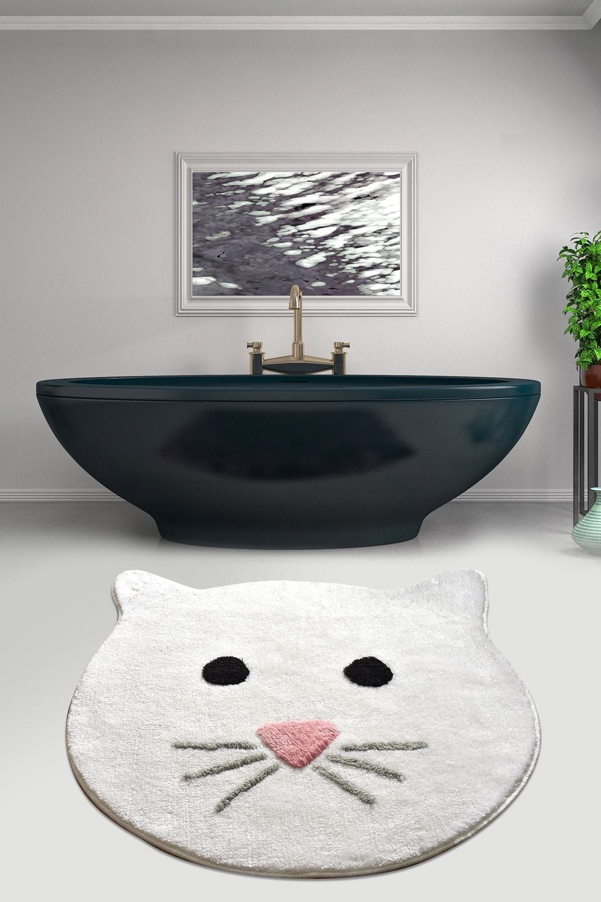 Chilai Home Cat Beyaz 90x90 Cm Banyo Halısı Yıkanabilir, Kaymaz Taban