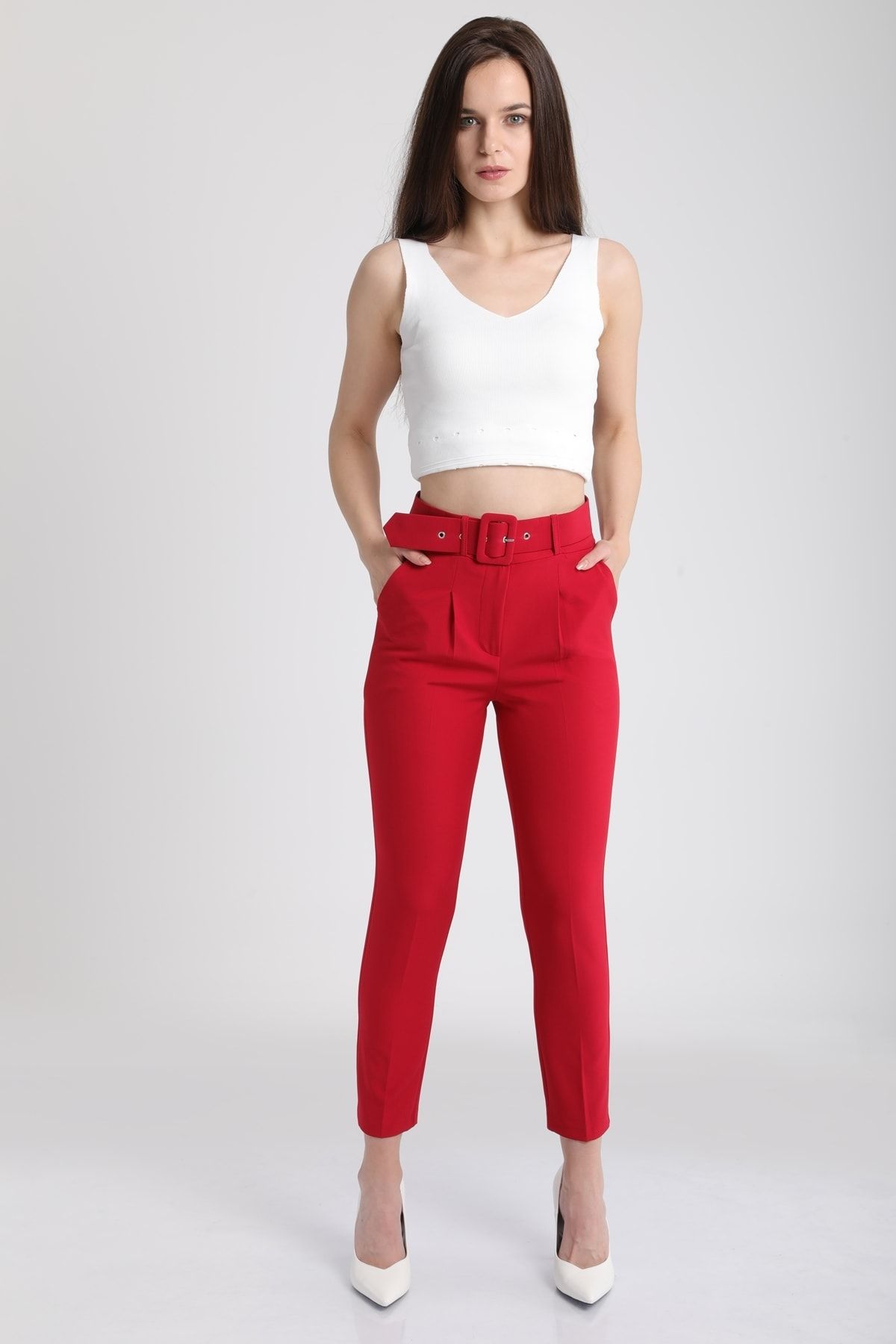 MD trend Kadın Kırmızı Kemerli Cepli Kumaş Pantolon Mtrn4242