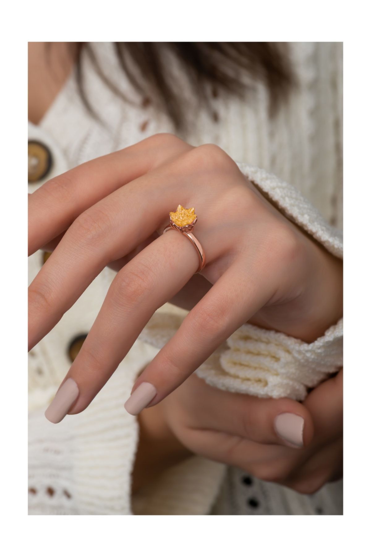 Papatya Silver 14 Ayar Rose Altın Lotus Çiçeği Sarı Renkli Nano Zirkon Taşlı Kadın Yüzüğü - Ayarlanabilir Ölçülü