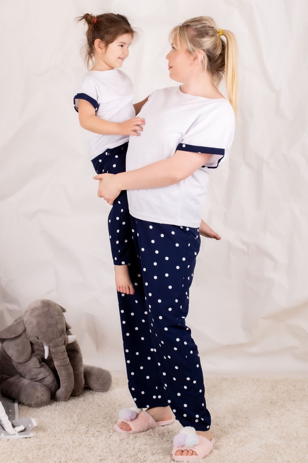 armonika Kadın Lacivert Puanlı Anne-Kız Model Pijama Takımı ARM-20Y001012